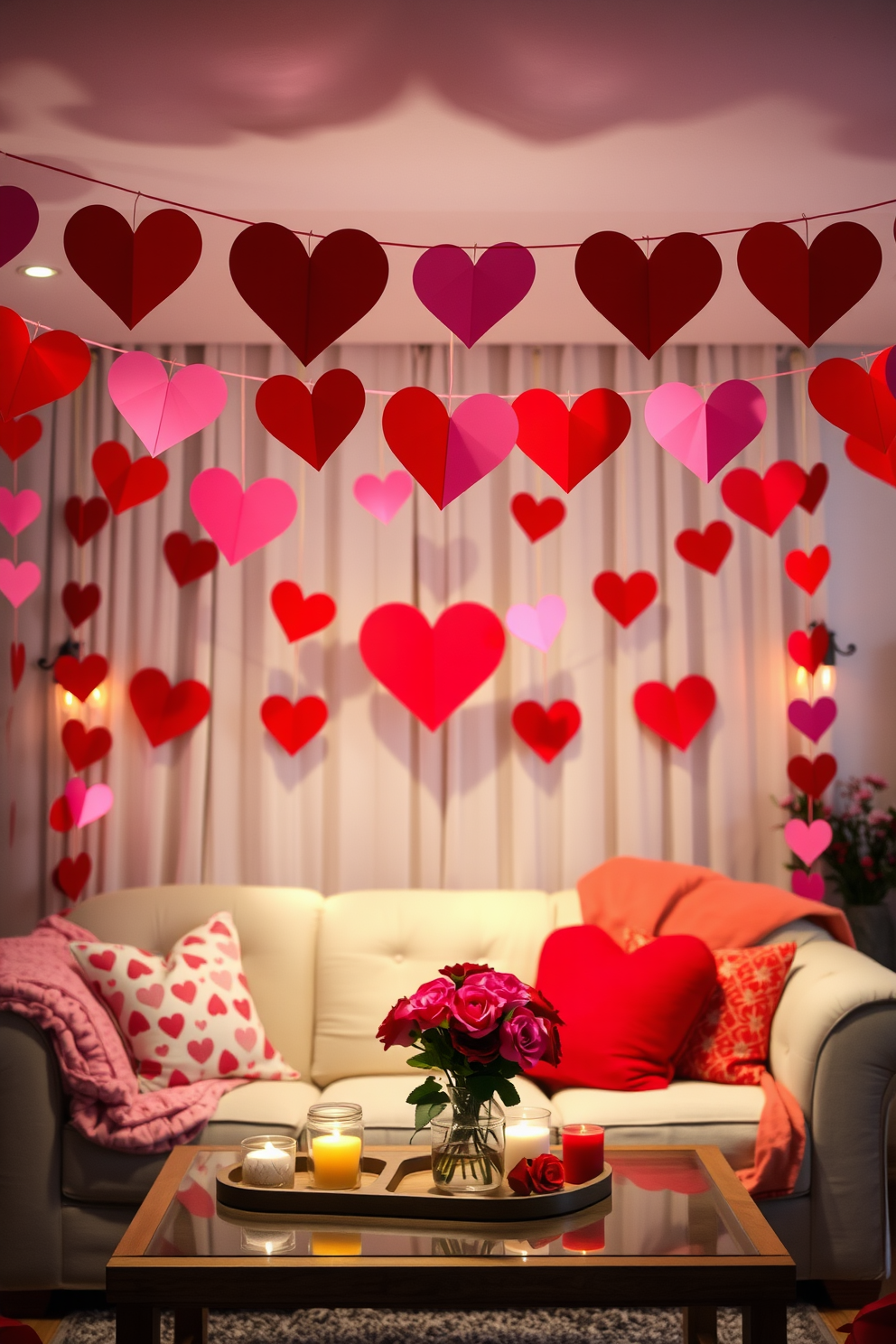 A cozy living room adorned with DIY heart-shaped banners strung across the ceiling. The banners are made of vibrant red and pink paper, fluttering gently with the breeze, creating a festive atmosphere for Valentine's Day. Soft, ambient lighting casts a warm glow throughout the space, highlighting a plush sofa draped with heart-patterned cushions. A coffee table in the center is decorated with candles and a vase filled with fresh roses, completing the romantic setting.