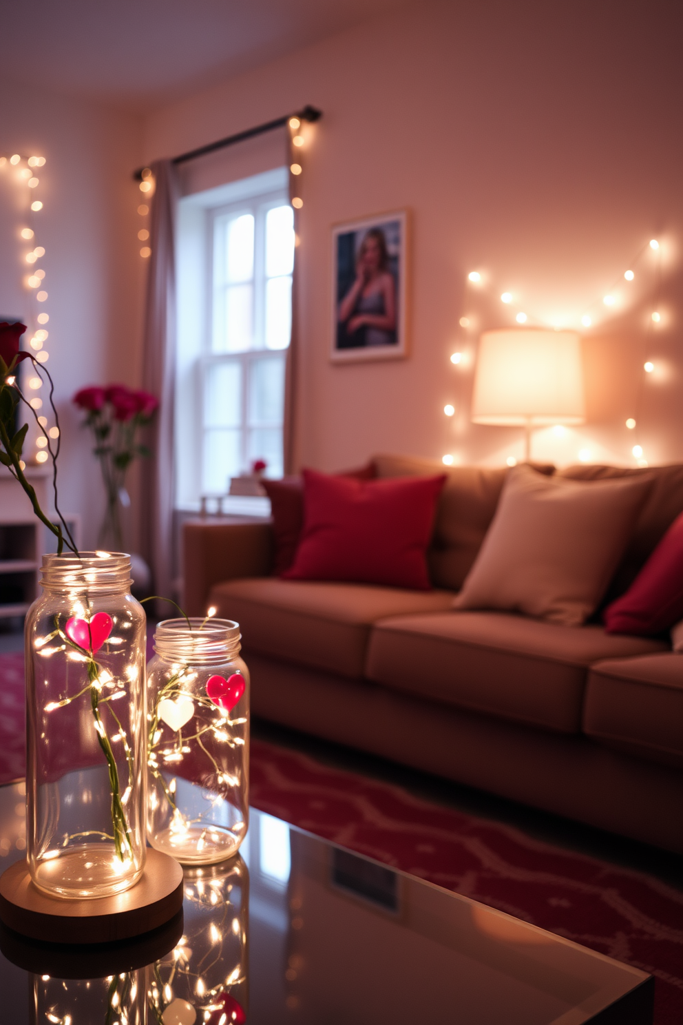 A cozy living room adorned with romantic fairy lights placed in glass jars. The soft glow from the lights creates an intimate atmosphere, perfect for a Valentine's Day celebration.