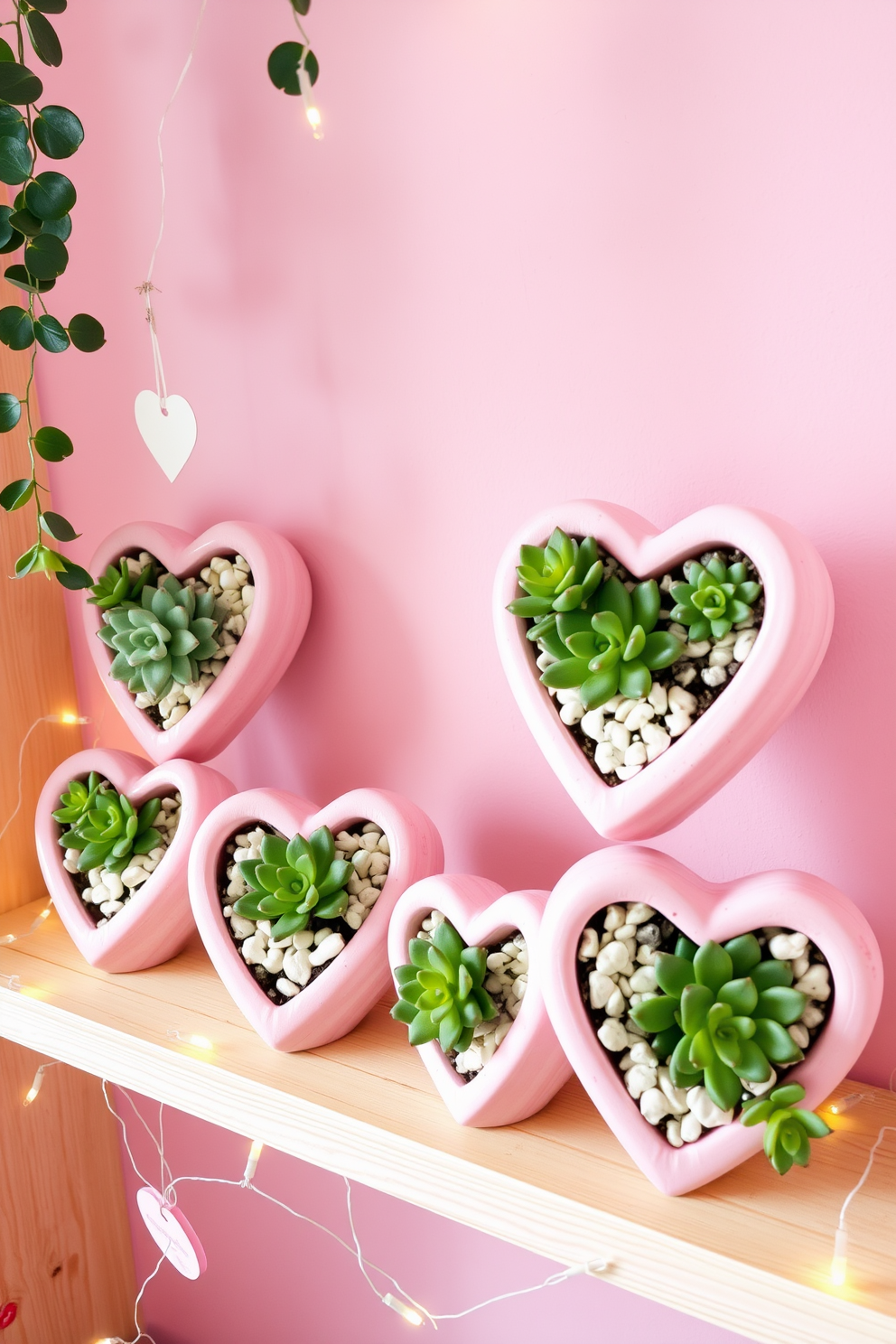 Succulent planters shaped like hearts are arranged on a wooden shelf, each planter filled with vibrant green succulents. The planters are adorned with small decorative stones and set against a backdrop of soft pink wall paint, creating a warm and inviting atmosphere for Valentine's Day. Delicate fairy lights are draped around the shelf, adding a touch of whimsy and romance to the display. A few heart-shaped decorations hang from the shelf, complementing the theme and enhancing the festive spirit of the holiday.