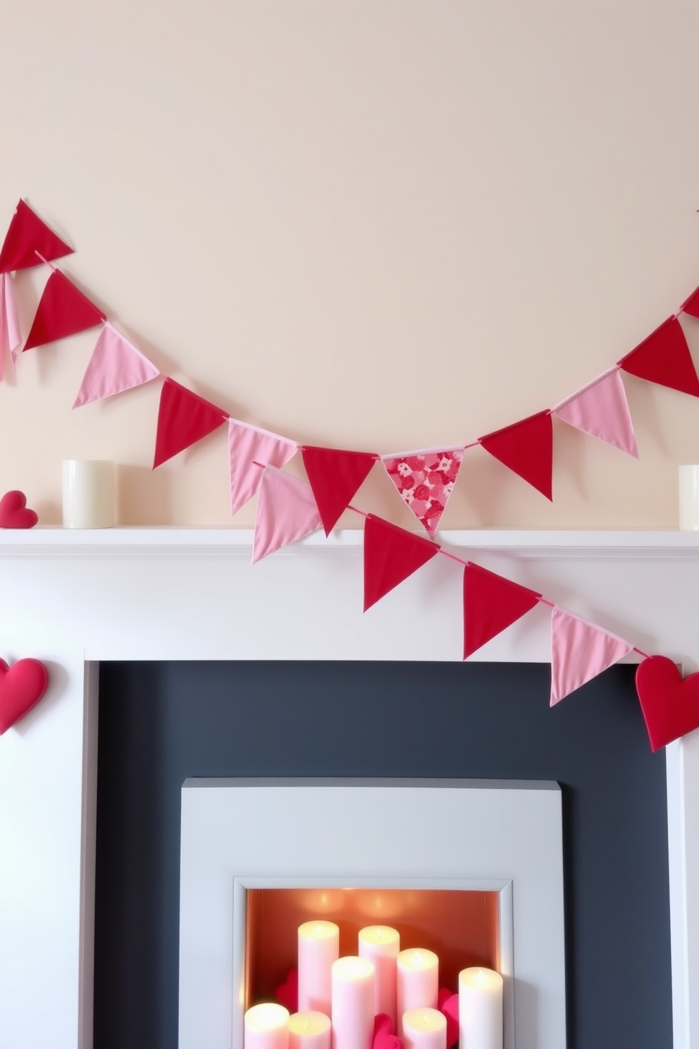 A charming mantel adorned with pink and red fabric bunting creates a festive atmosphere for Valentine's Day. The bunting is draped elegantly across the mantel, complemented by small heart-shaped decorations and flickering candles for a romantic touch.