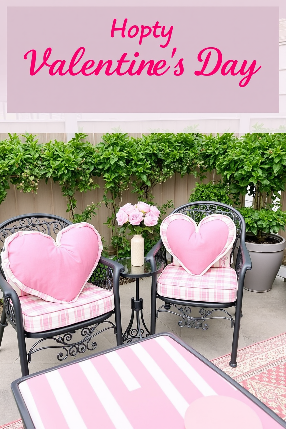 Heart-shaped cushions adorn the outdoor furniture, adding a romantic touch to the patio. Soft pastel colors and playful patterns create a festive atmosphere for Valentine's Day celebrations.