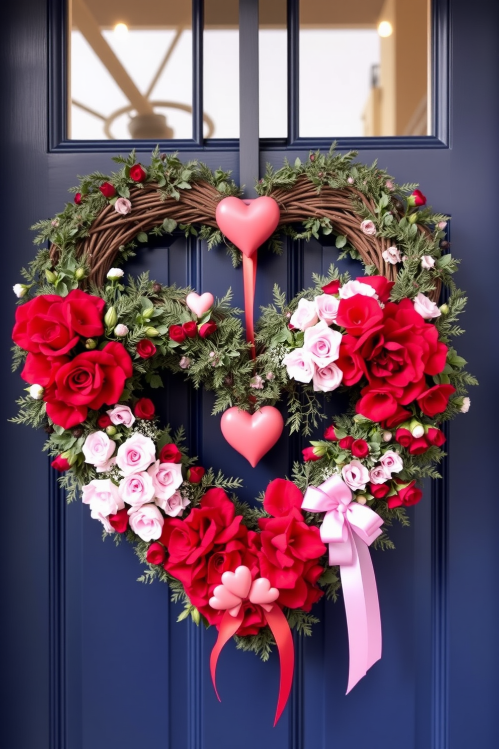 Heart-shaped wreaths for front doors create a warm and inviting atmosphere for Valentine's Day. Adorned with red and pink flowers, these wreaths can be accented with ribbons and small decorative hearts for an extra touch of love.