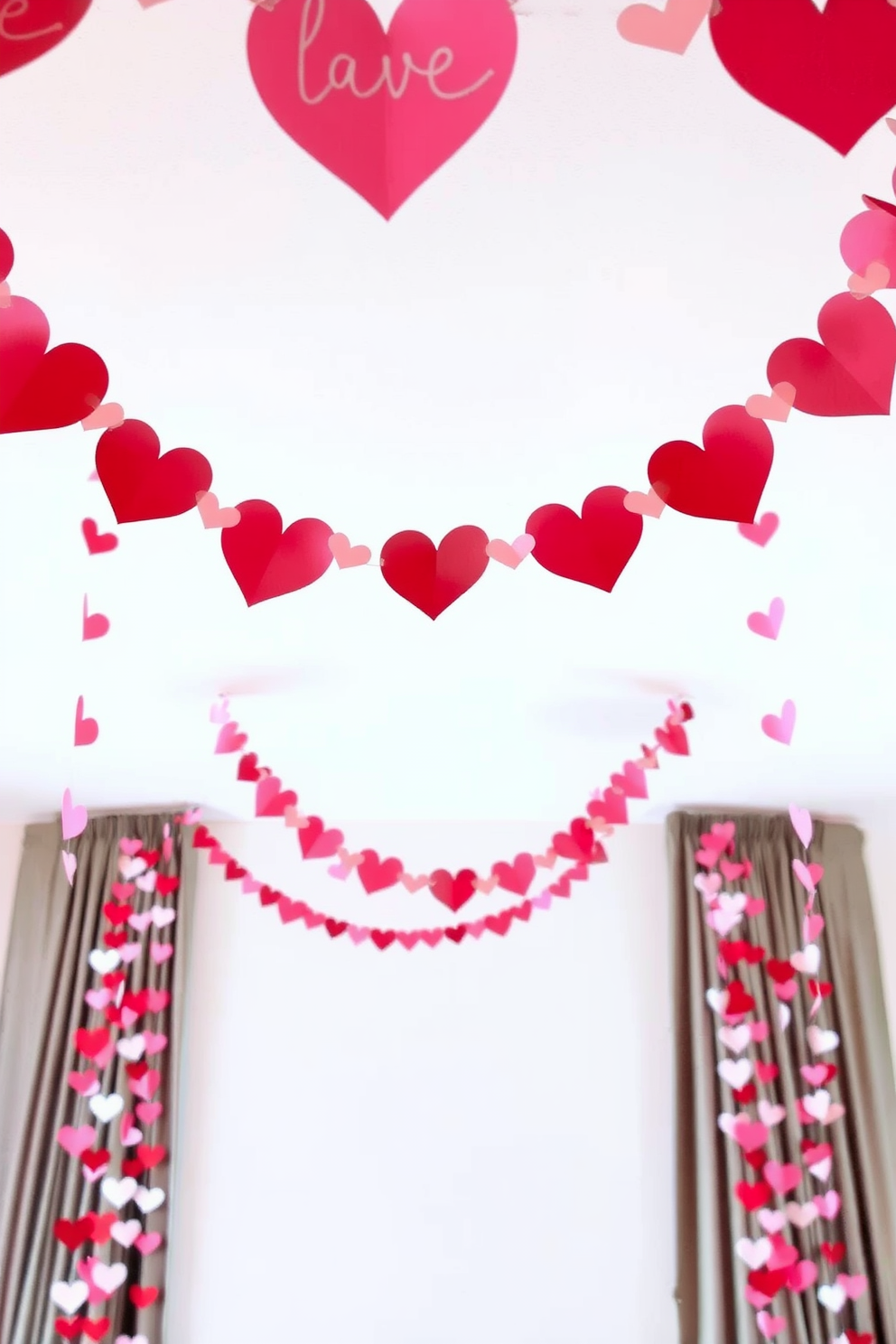 Create a whimsical and romantic atmosphere with decorative garlands made of paper hearts. The garlands should be hung across the room, draping elegantly from the ceiling and along the walls, creating a festive backdrop for Valentine's Day celebrations.