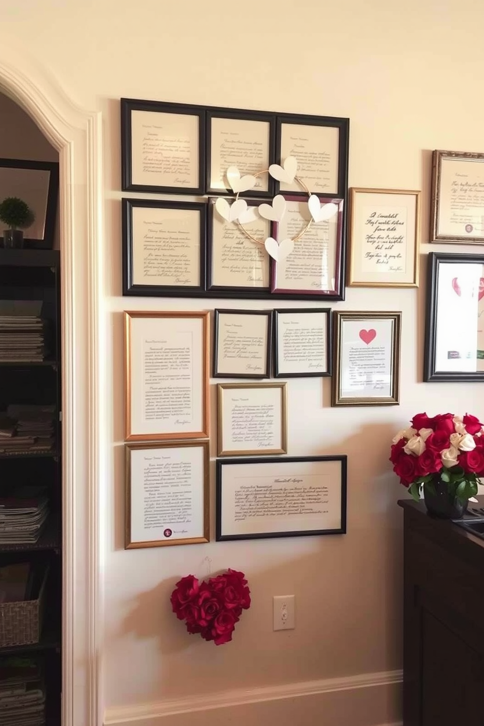 Framed love letters elegantly displayed on the walls create a romantic atmosphere perfect for Valentine's Day. Each letter is beautifully matted and arranged in an artistic collage, enhancing the warmth and intimacy of the space.