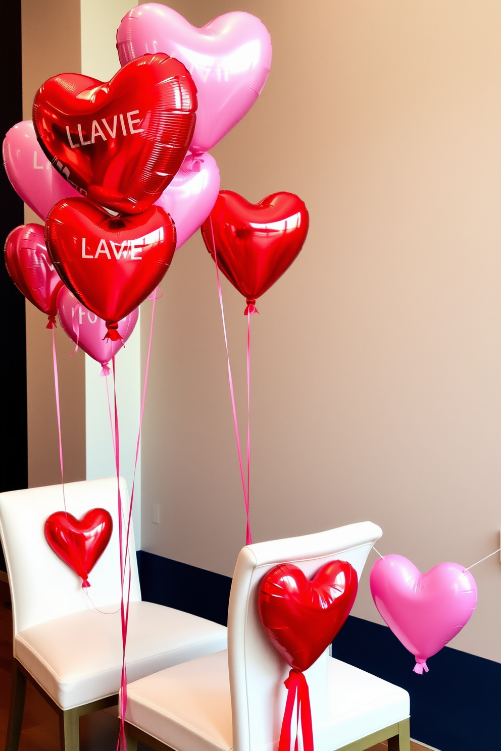 A romantic dining setup featuring heart-shaped balloons tied to elegant chairs. The balloons are in various shades of red and pink, creating a festive atmosphere for Valentine's Day celebrations.