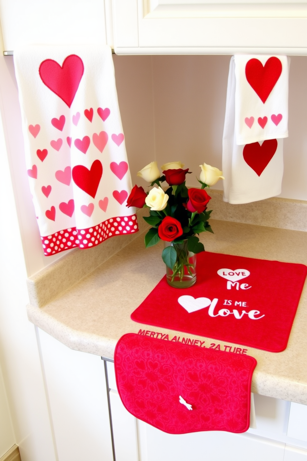 A cozy kitchen adorned with Valentine-themed towels and mats. The towels feature playful heart patterns in shades of pink and red, while the mats are designed with cheerful messages celebrating love. On the countertop, a small vase holds fresh roses in varying shades of red and white. The cabinets are painted a soft pastel color, creating a warm and inviting atmosphere perfect for the holiday.