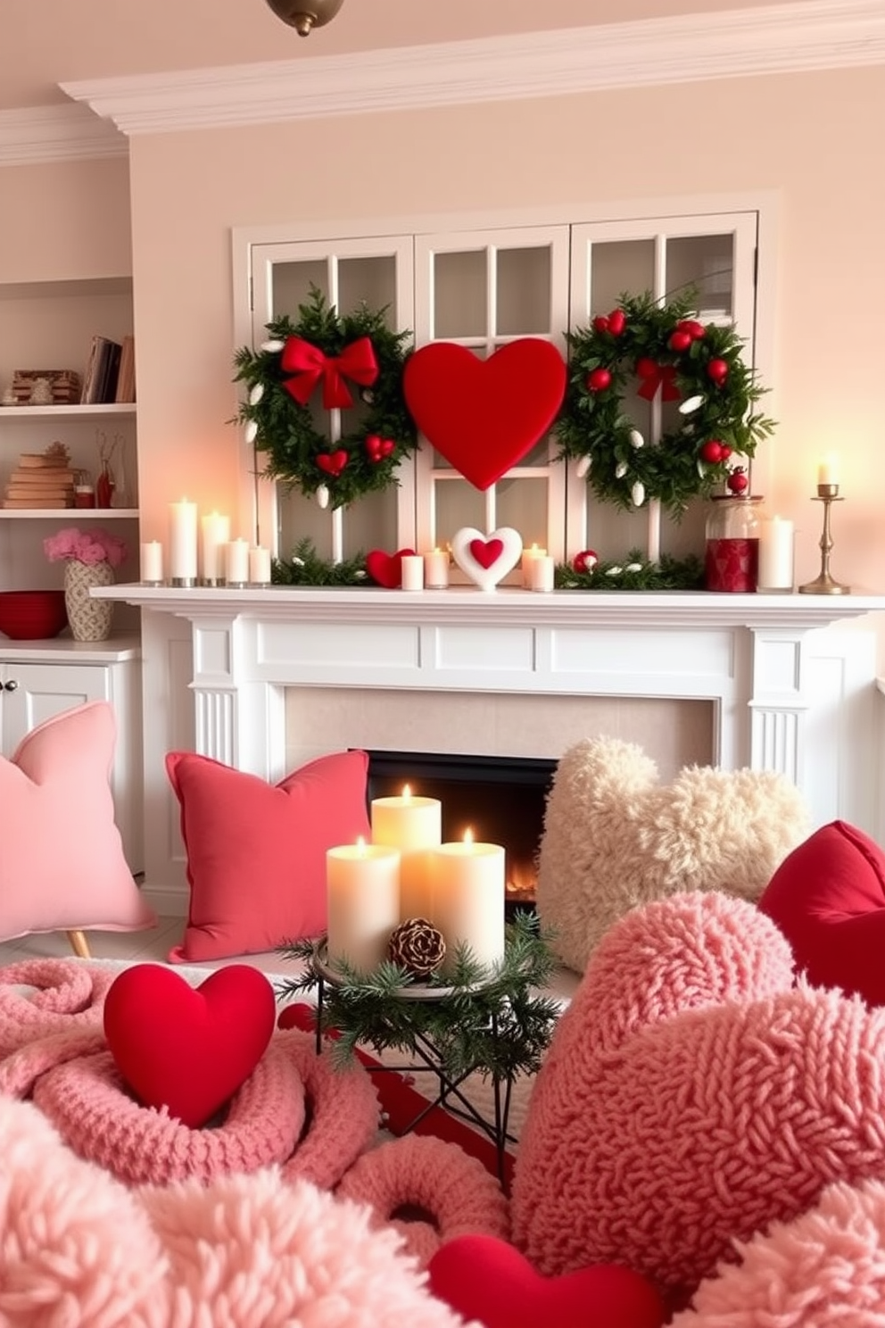 A cozy living room adorned with heart-shaped candles that emit seasonal scents. Soft pink and red accents enhance the romantic atmosphere, while plush throws and pillows invite relaxation.