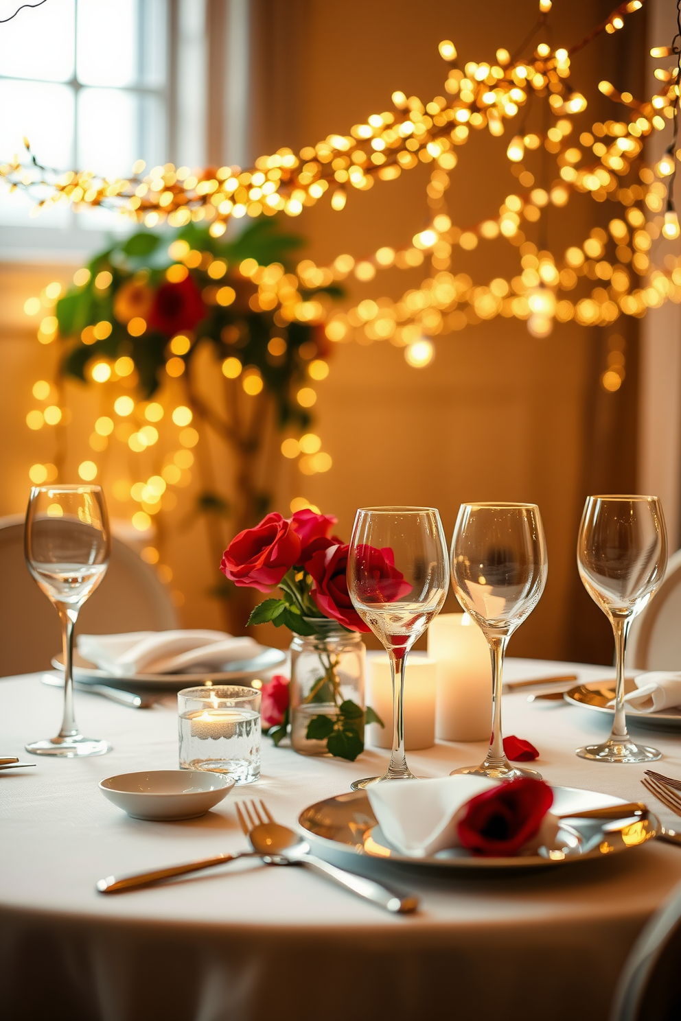 A romantic dinner setup features a beautifully set table adorned with elegant dinnerware and sparkling glassware. Soft fairy lights drape overhead, casting a warm glow that enhances the intimate atmosphere for Valentine's Day.