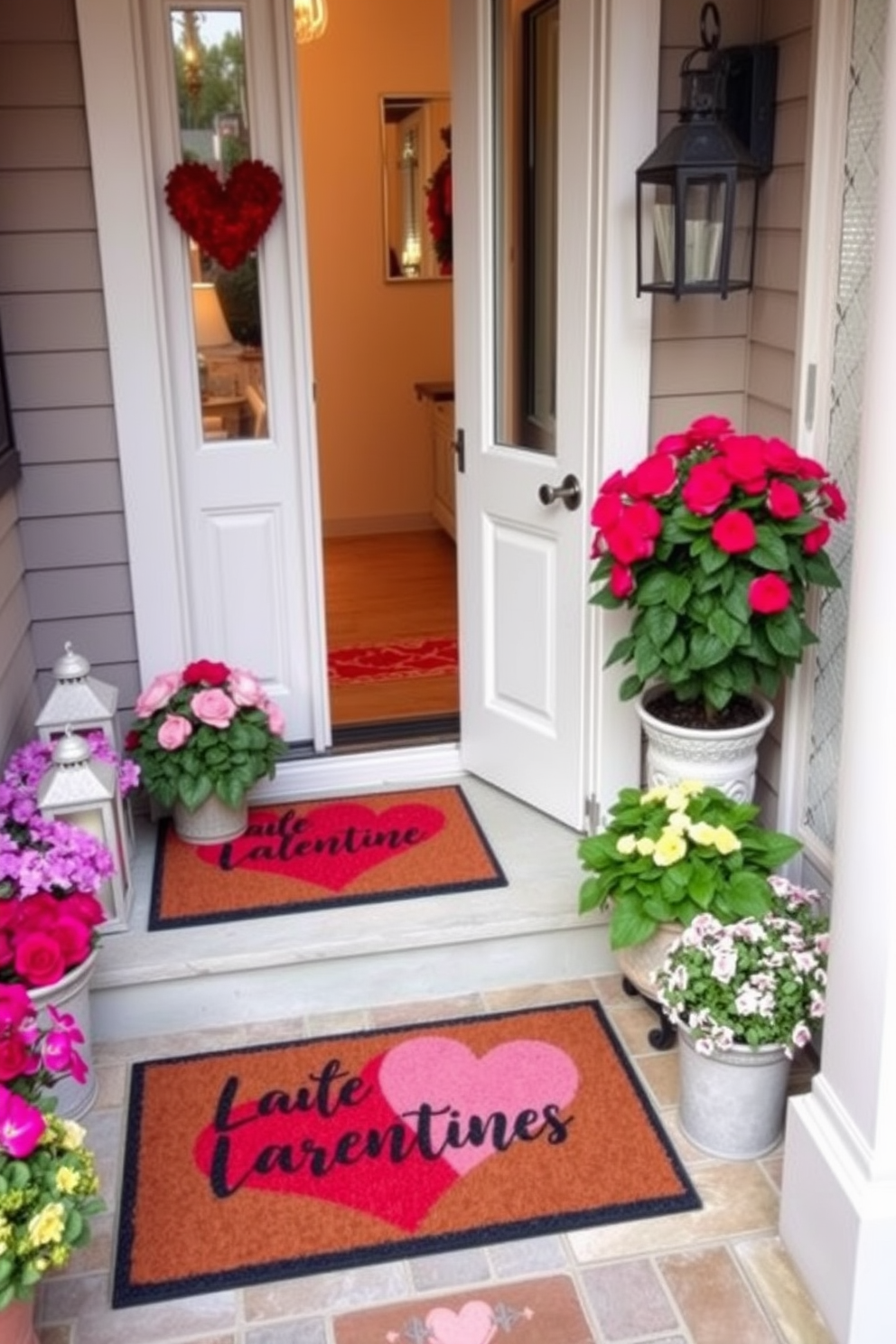 A charming entrance adorned with Valentine-themed door mats. The mats feature playful heart designs in shades of red and pink, welcoming guests with a festive touch. Surrounding the door mats, potted plants with vibrant flowers add a pop of color. Soft lighting from decorative lanterns enhances the romantic ambiance, creating an inviting atmosphere for Valentine's Day.