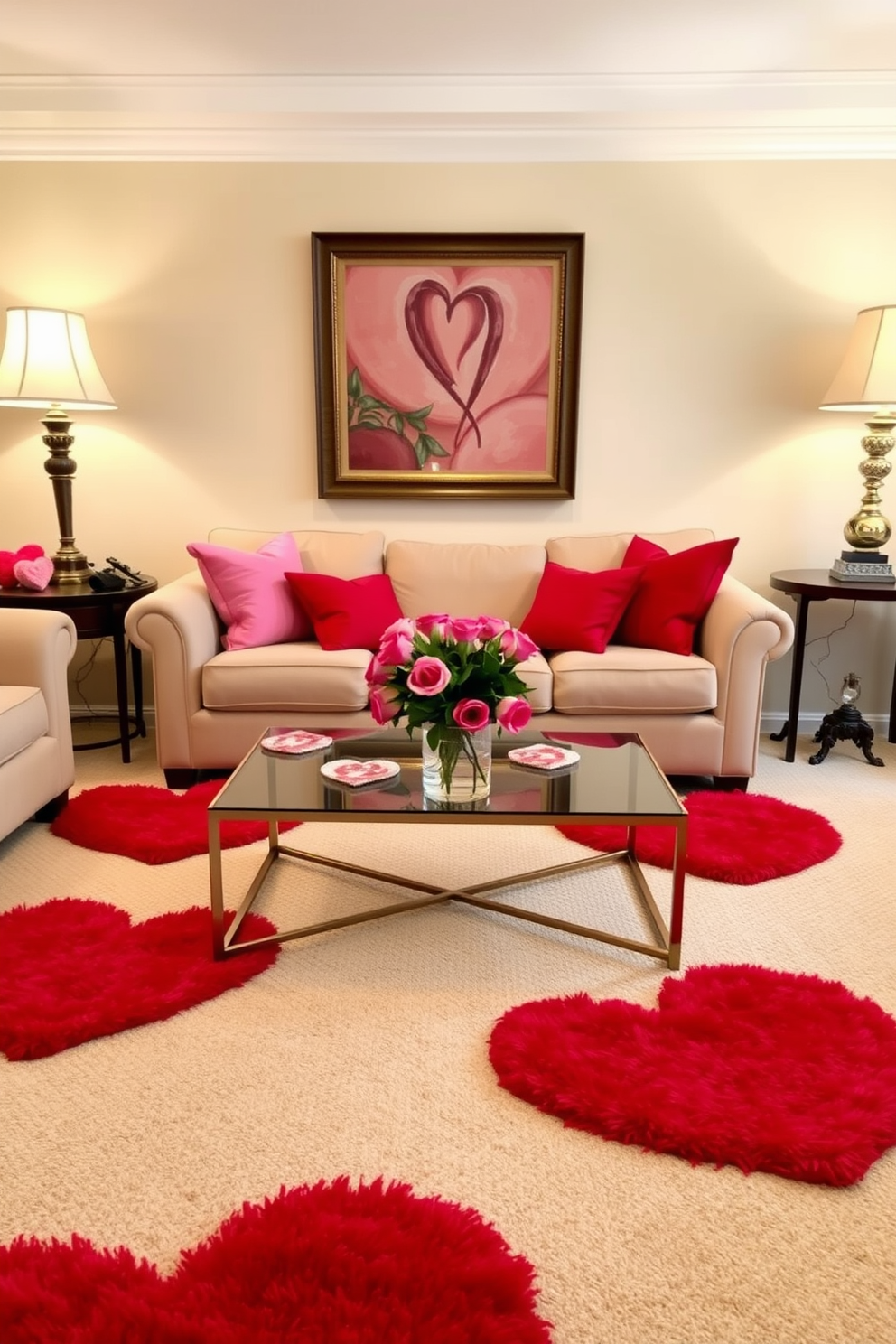 A cozy living room adorned with red and pink accent rugs that add warmth and vibrancy to the space. The rugs are layered over a soft neutral carpet, creating a festive atmosphere perfect for Valentine's Day celebrations. A stylish coffee table sits in the center, decorated with heart-shaped coasters and a bouquet of fresh roses. Soft lighting from elegant lamps casts a warm glow, enhancing the romantic ambiance of the room.