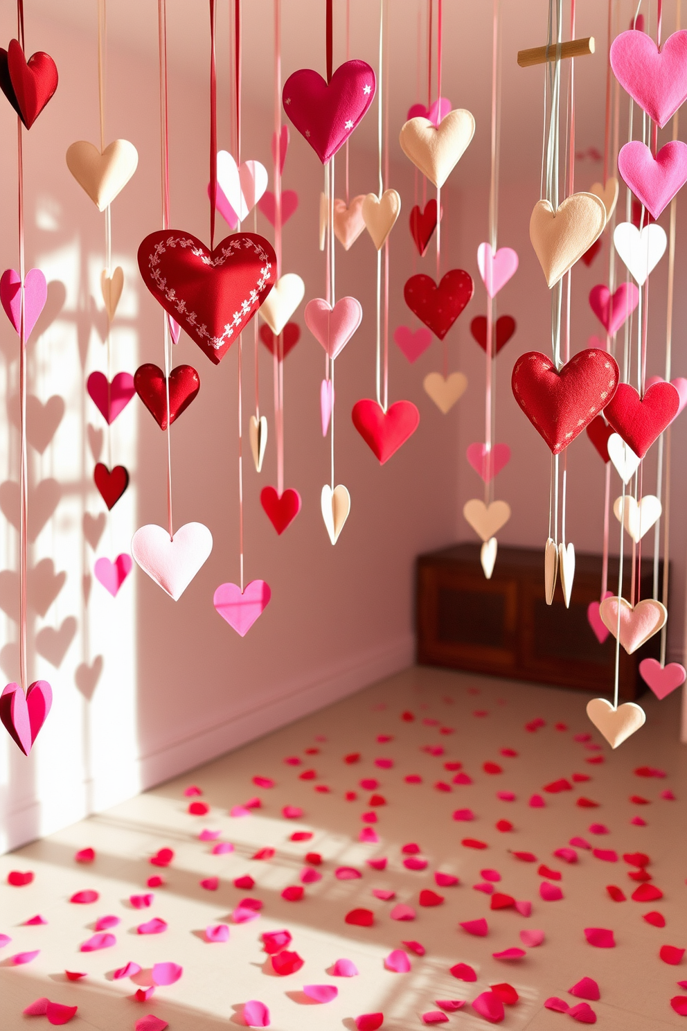 A romantic setting adorned with hanging heart ornaments from the ceiling. The hearts are crafted from various materials such as paper, felt, and wood, creating a whimsical atmosphere perfect for Valentine's Day. Soft lighting casts a warm glow on the decorations, enhancing the cozy vibe of the space. The floor is scattered with rose petals, adding an extra touch of romance to the overall design.