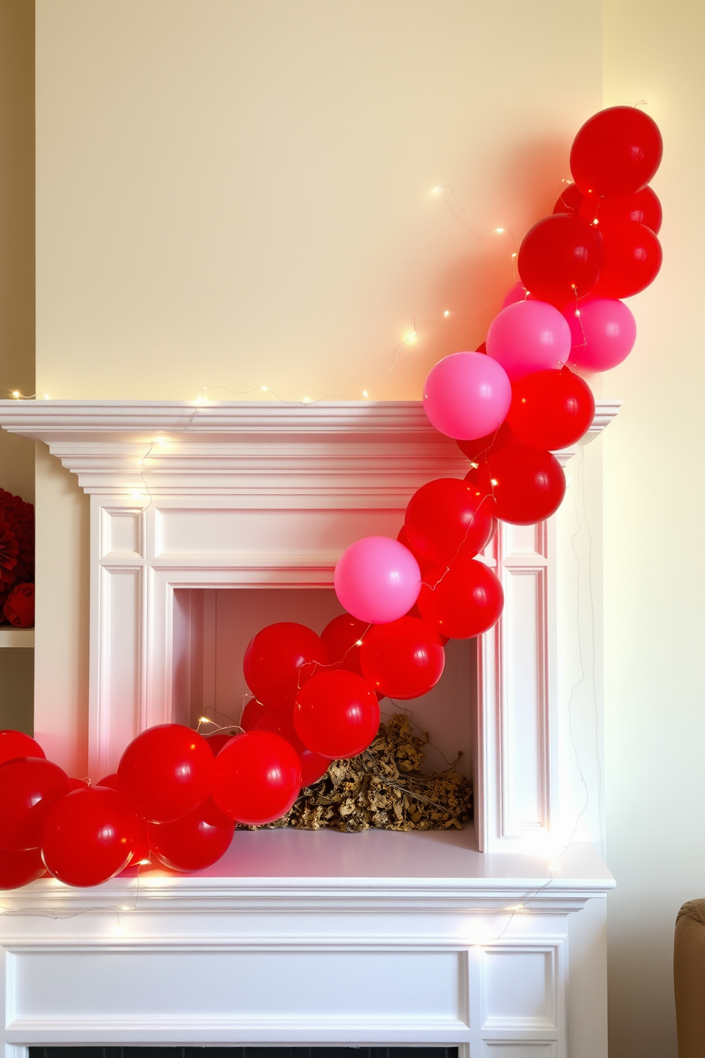 A festive mantel adorned with a vibrant garland of red and pink balloons creates a cheerful Valentine's Day atmosphere. The balloons are arranged in clusters, draping elegantly above the mantel, complemented by soft white fairy lights intertwined for an enchanting glow.