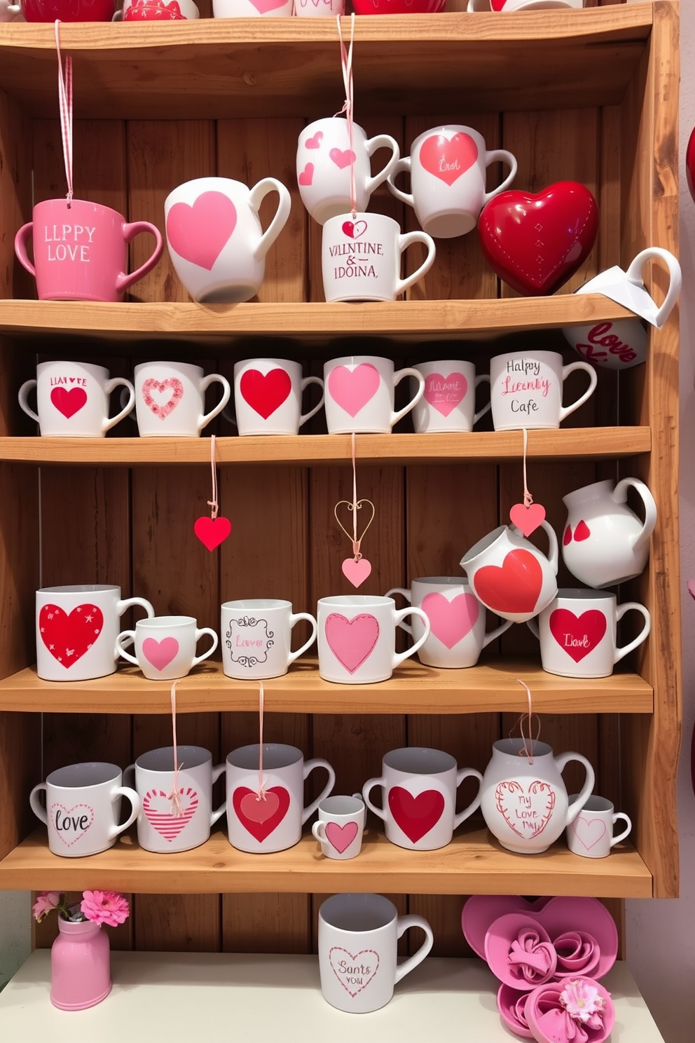 A charming display of Valentine-themed mugs arranged on rustic wooden shelves. The mugs feature various romantic designs and colors, creating a warm and inviting atmosphere. Delicate heart-shaped decorations hang from the shelves, adding a festive touch to the overall decor. Soft pink and red accents complement the mugs, enhancing the Valentine's Day spirit throughout the space.