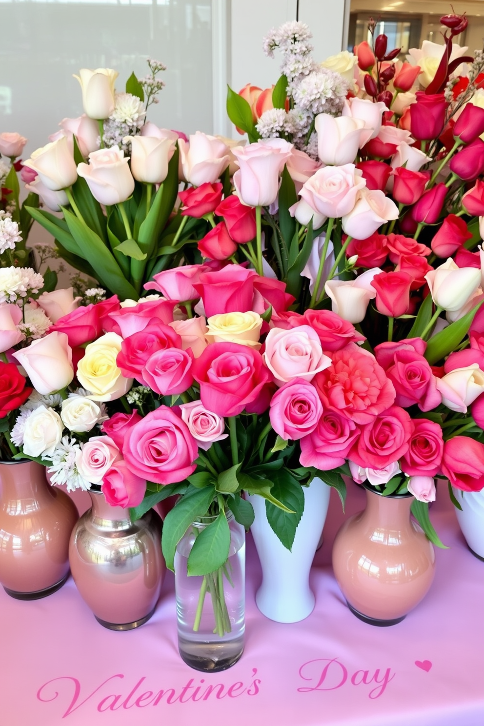 A beautiful display of floral arrangements featuring vibrant roses and elegant tulips in a romantic setting. The flowers are arranged in a variety of decorative vases, with soft pastel colors complementing the overall theme of Valentine's Day.