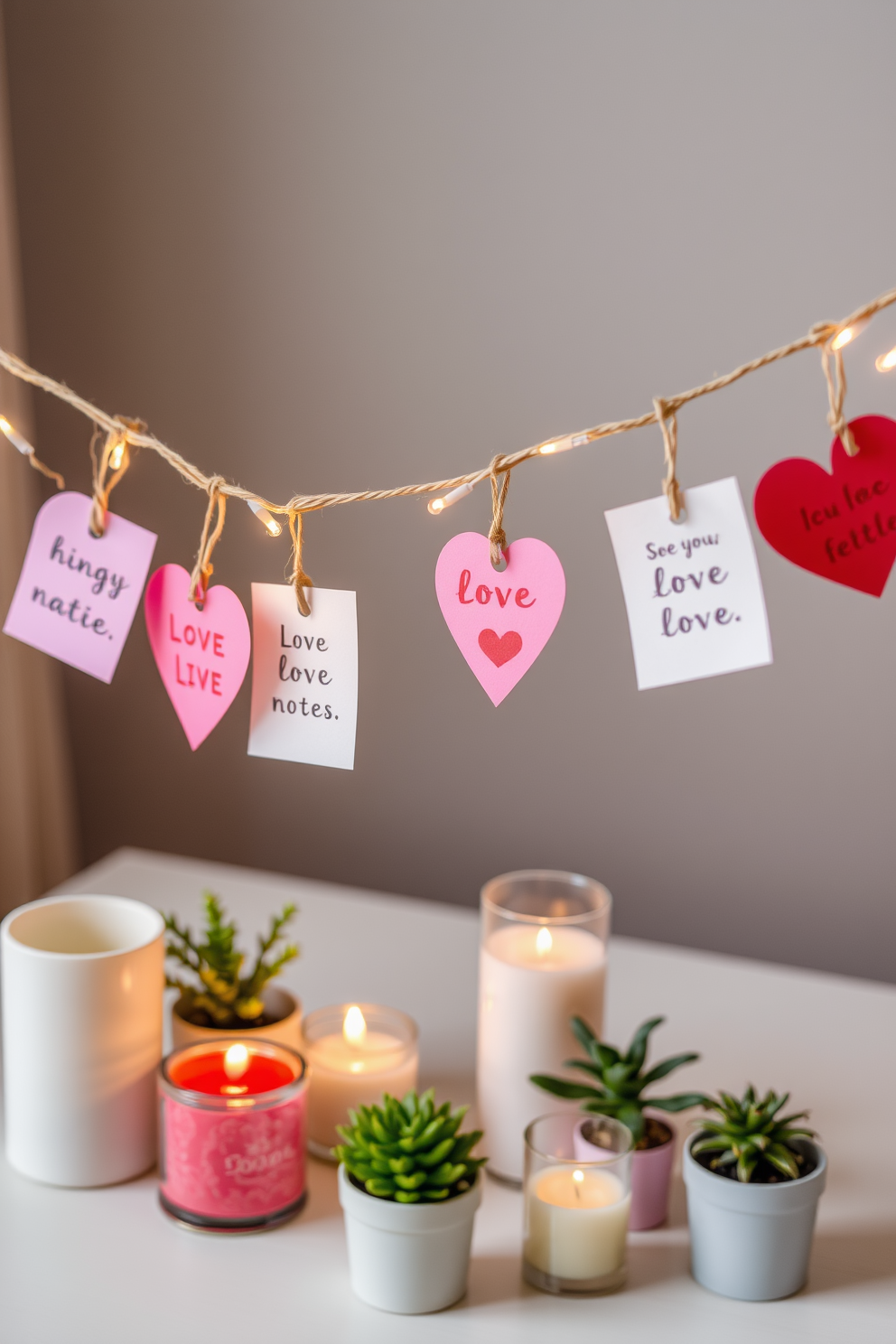 A charming display of DIY love notes hangs gracefully on twine, creating a warm and inviting atmosphere for Valentine's Day. The notes are crafted from colorful paper and feature heartfelt messages, adding a personal touch to the decor. Soft fairy lights twinkle around the twine, enhancing the romantic ambiance of the setting. Surrounding the display are small potted plants and candles, creating a cozy and intimate space perfect for celebrating love.