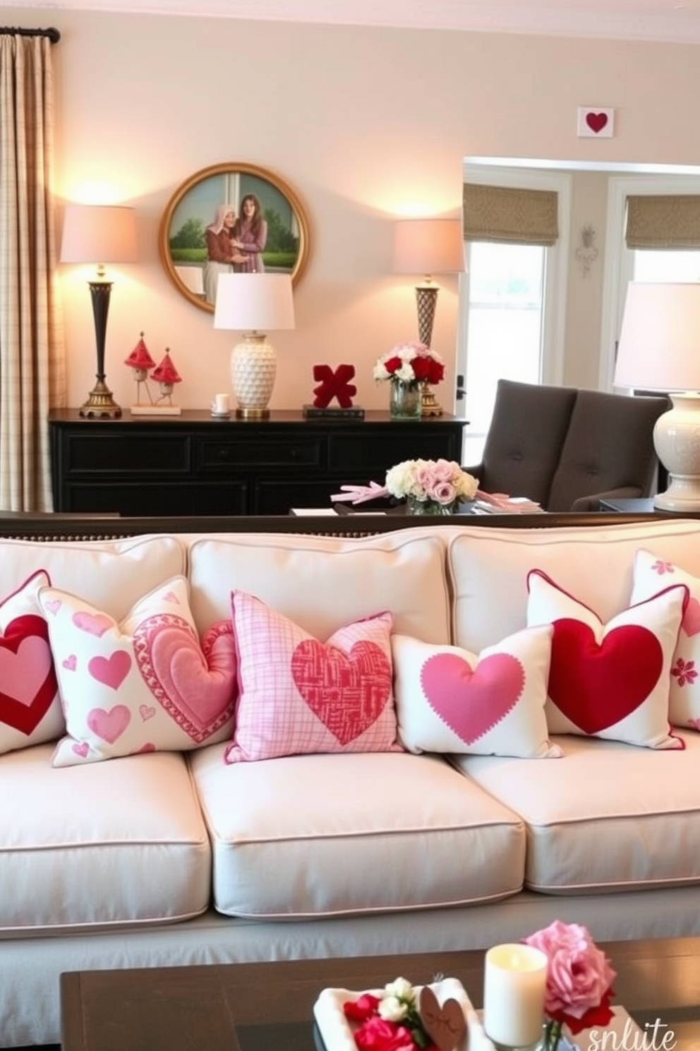 Create a cozy living room setting adorned with Valentine-themed throw pillows on the sofas. The pillows feature various heart patterns in shades of red and pink, adding a festive touch to the space. Incorporate soft lighting with warm-toned lamps to enhance the romantic atmosphere. Add decorative elements like candles and fresh flowers to complete the Valentine's Day decorating ideas.