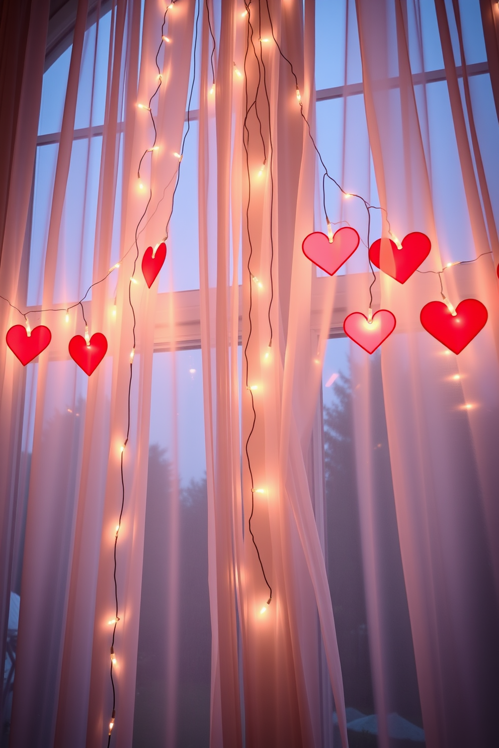 String lights in heart shapes are draped around large windows, creating a warm and inviting atmosphere for Valentine's Day. Soft, ambient lighting enhances the romantic feel, complemented by sheer white curtains that flutter gently in the breeze.