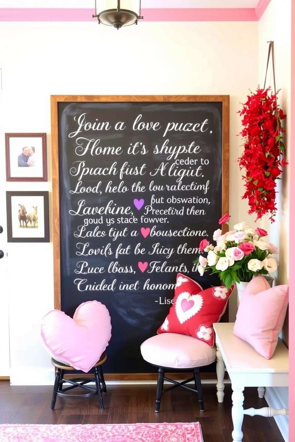 A charming entryway featuring a large chalkboard adorned with romantic love quotes in elegant handwriting. The space is decorated with soft pink and red accents, including heart-shaped pillows on a nearby bench and fresh flowers in a vase.