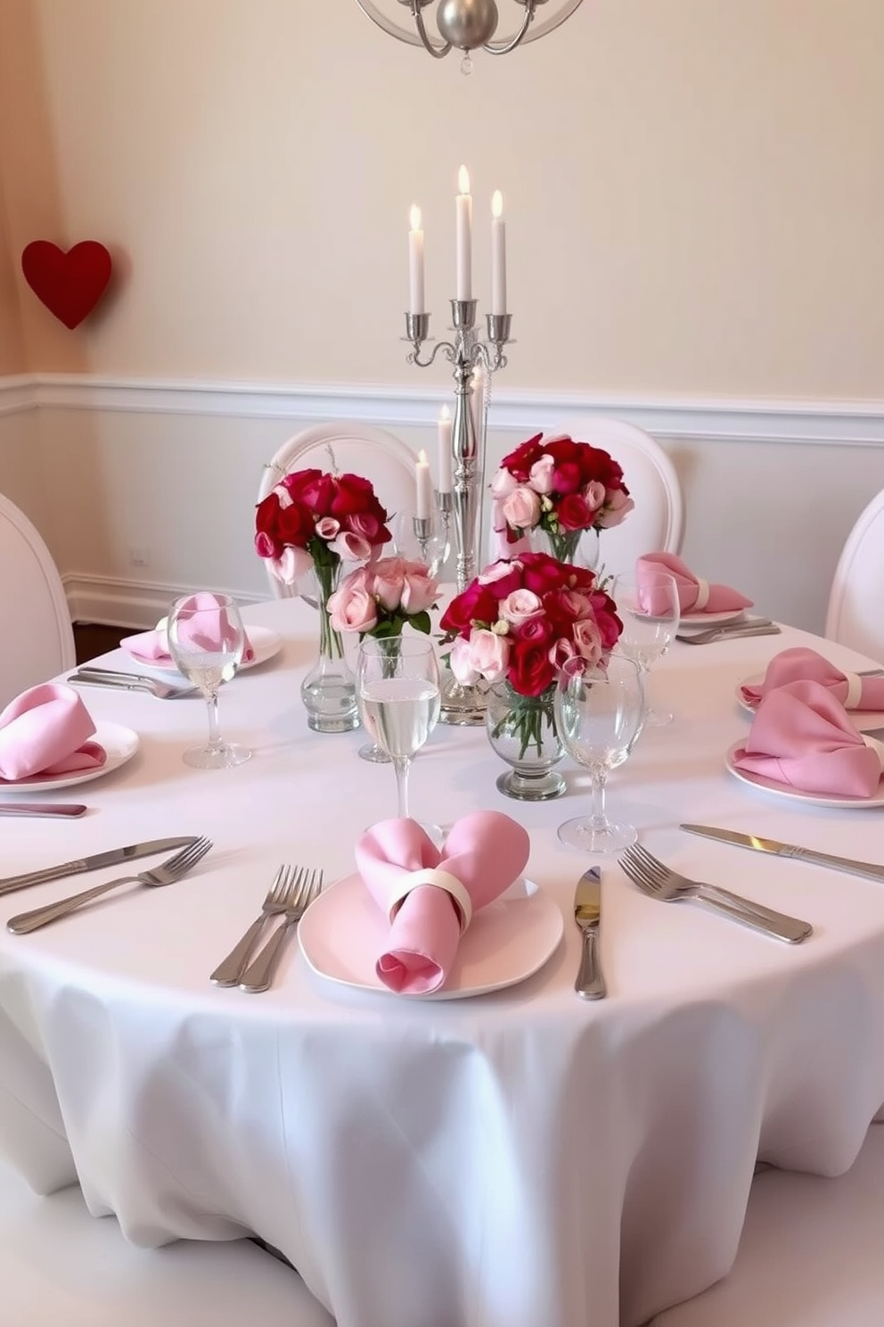 A festive table setting for Valentine's Day features a beautifully arranged dining table adorned with a crisp white tablecloth. Heart-shaped napkins are elegantly folded and placed at each setting, complemented by delicate floral centerpieces in shades of pink and red. The table is set with fine china and sparkling glassware, creating an inviting atmosphere for a romantic dinner. Soft candlelight flickers from decorative holders, enhancing the warm and loving ambiance of the celebration.