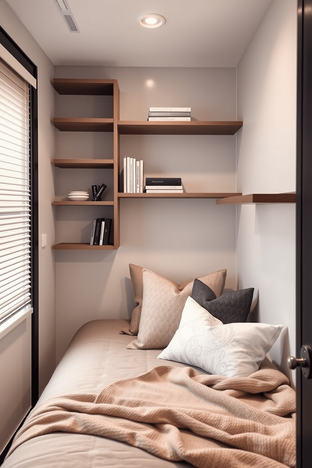 A very small bedroom featuring maximized vertical storage with sleek, open shelves mounted on the walls. The bed is positioned against one wall, with decorative pillows and a soft throw adding warmth to the space.