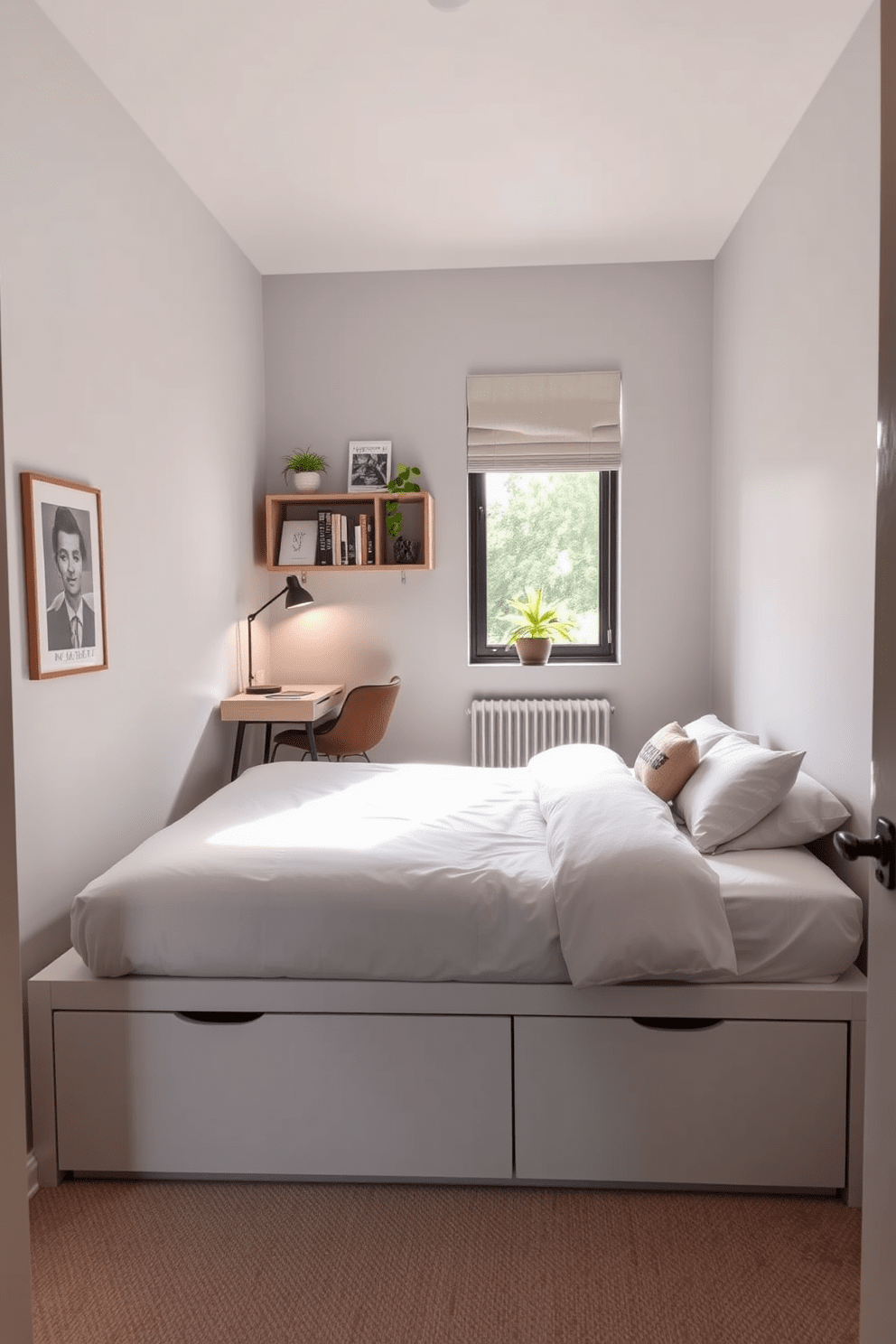 A very small bedroom featuring a minimalist bed with built-in under-bed storage drawers. The walls are painted in a soft light gray, and a small desk is positioned near a window, maximizing natural light. A cozy reading nook is created with a compact armchair and a small side table in the corner. Decorative shelves above the desk display books and plants, adding personality to the space.