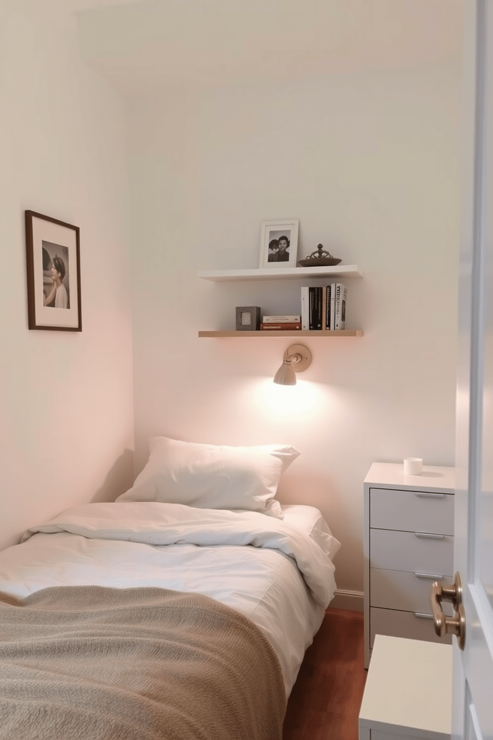 A cozy very small bedroom features a minimalist bed with soft linens positioned against a light-colored wall. Floating shelves are mounted above the bed, displaying decorative items and books that add personality without taking up floor space. The room is illuminated by a small bedside lamp that complements the overall design. A compact dresser sits in the corner, maximizing storage while maintaining a clean and uncluttered aesthetic.