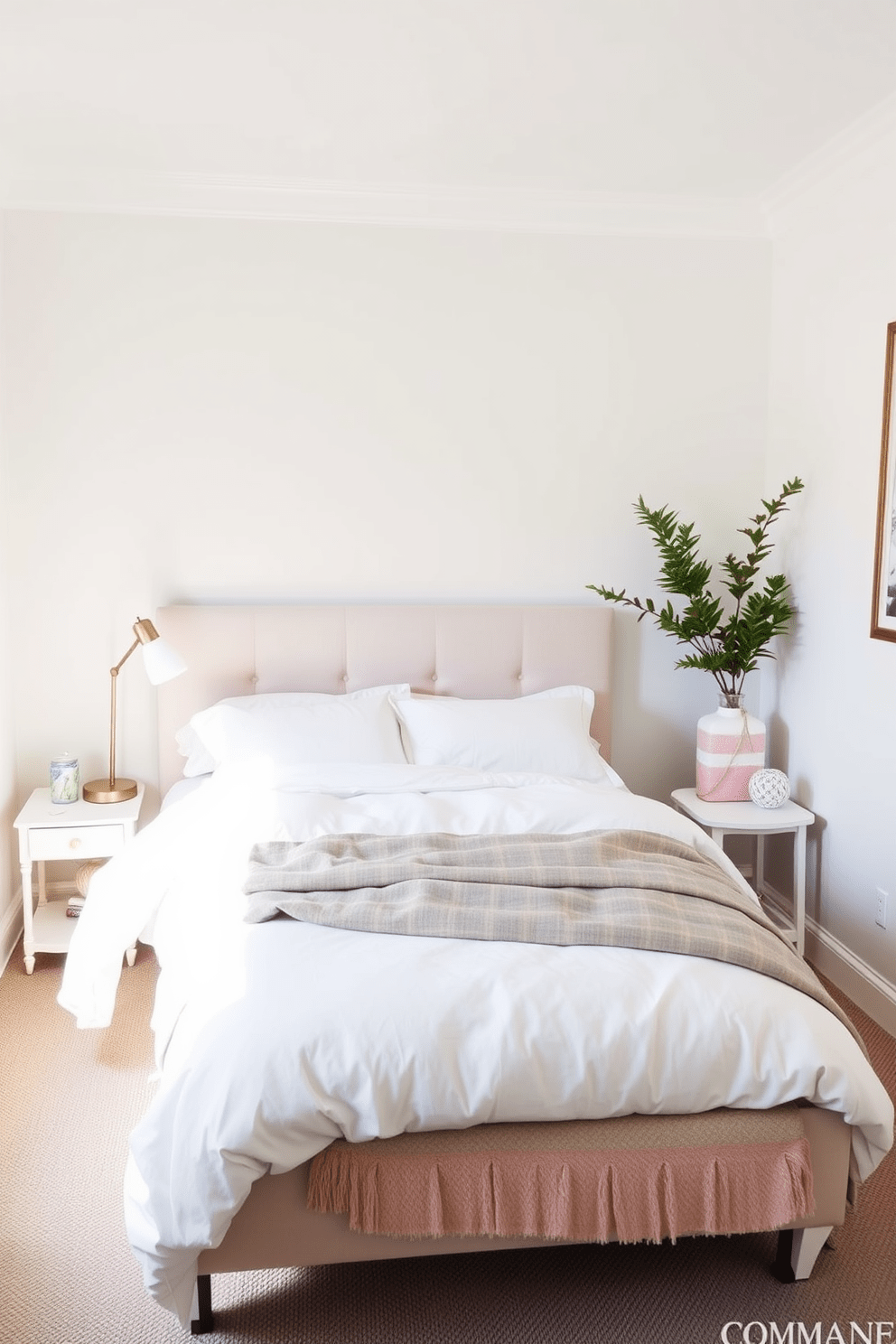 A cozy and stylish very small bedroom featuring a minimalist bed frame with a low profile and upholstered headboard. The walls are painted in a soft pastel color, and a small nightstand with a reading lamp sits beside the bed. Incorporate a compact dresser that doubles as a decorative element, placed against one wall to maximize floor space. Use light-colored bedding with subtle patterns to create a sense of openness and tranquility in the room.