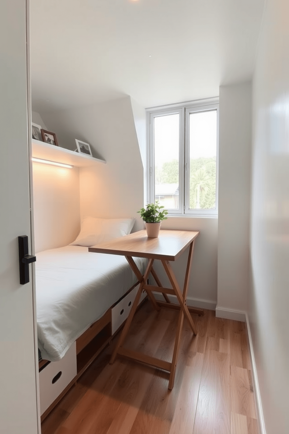 A cozy very small bedroom features a foldable table that doubles as a dining space. The walls are painted in a soft pastel hue, creating an airy atmosphere while maximizing light. The bed is positioned against one wall, with multifunctional storage underneath. A small potted plant sits on the table, adding a touch of greenery and warmth to the compact design.