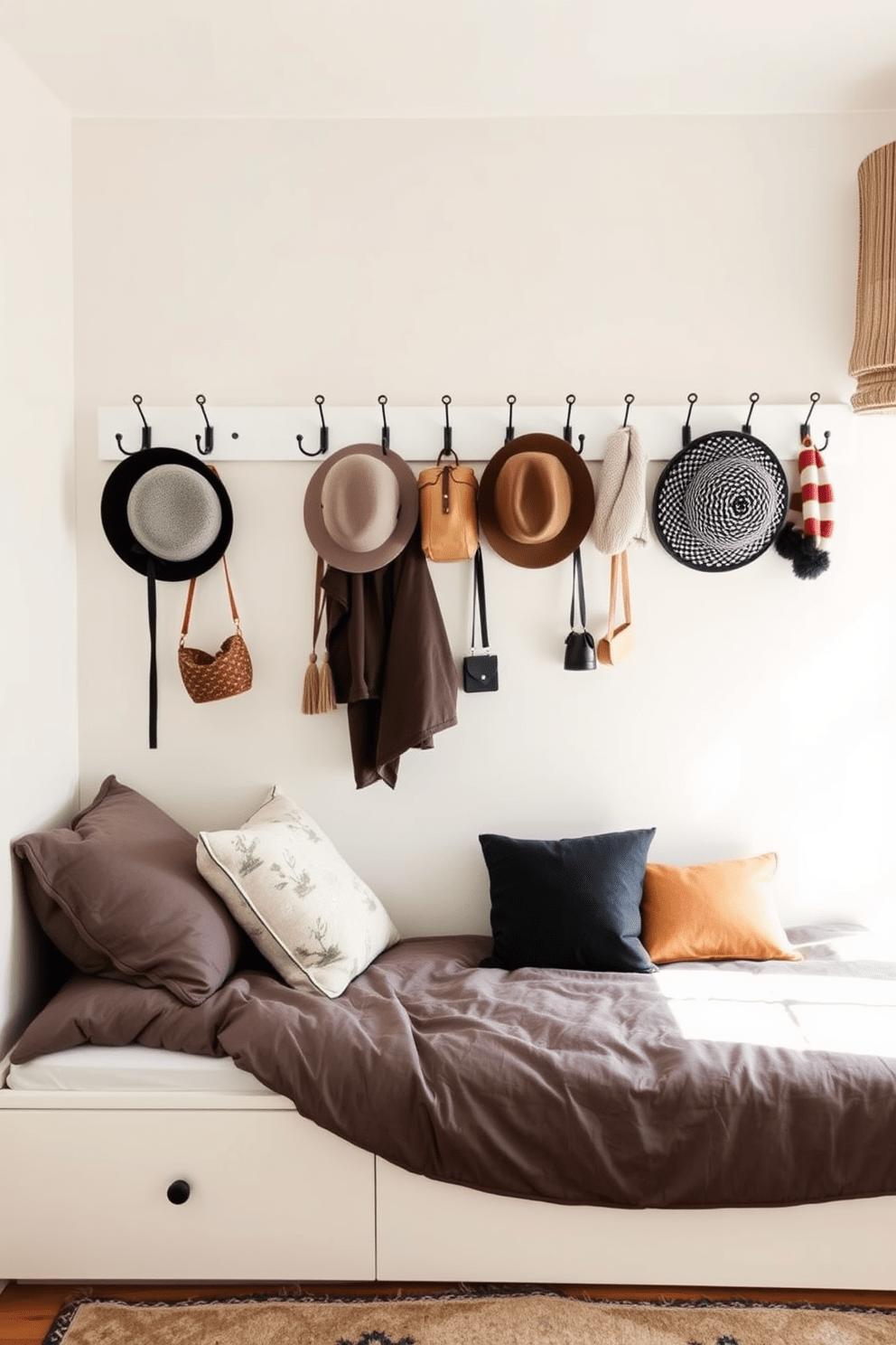 A cozy very small bedroom design featuring wall hooks for clothes and accessories. The walls are painted in a soft pastel color to create an airy feel while maximizing space. A compact bed with built-in storage is positioned against one wall. Above the bed, stylish wall hooks display neatly arranged accessories and hats, adding both functionality and decor.