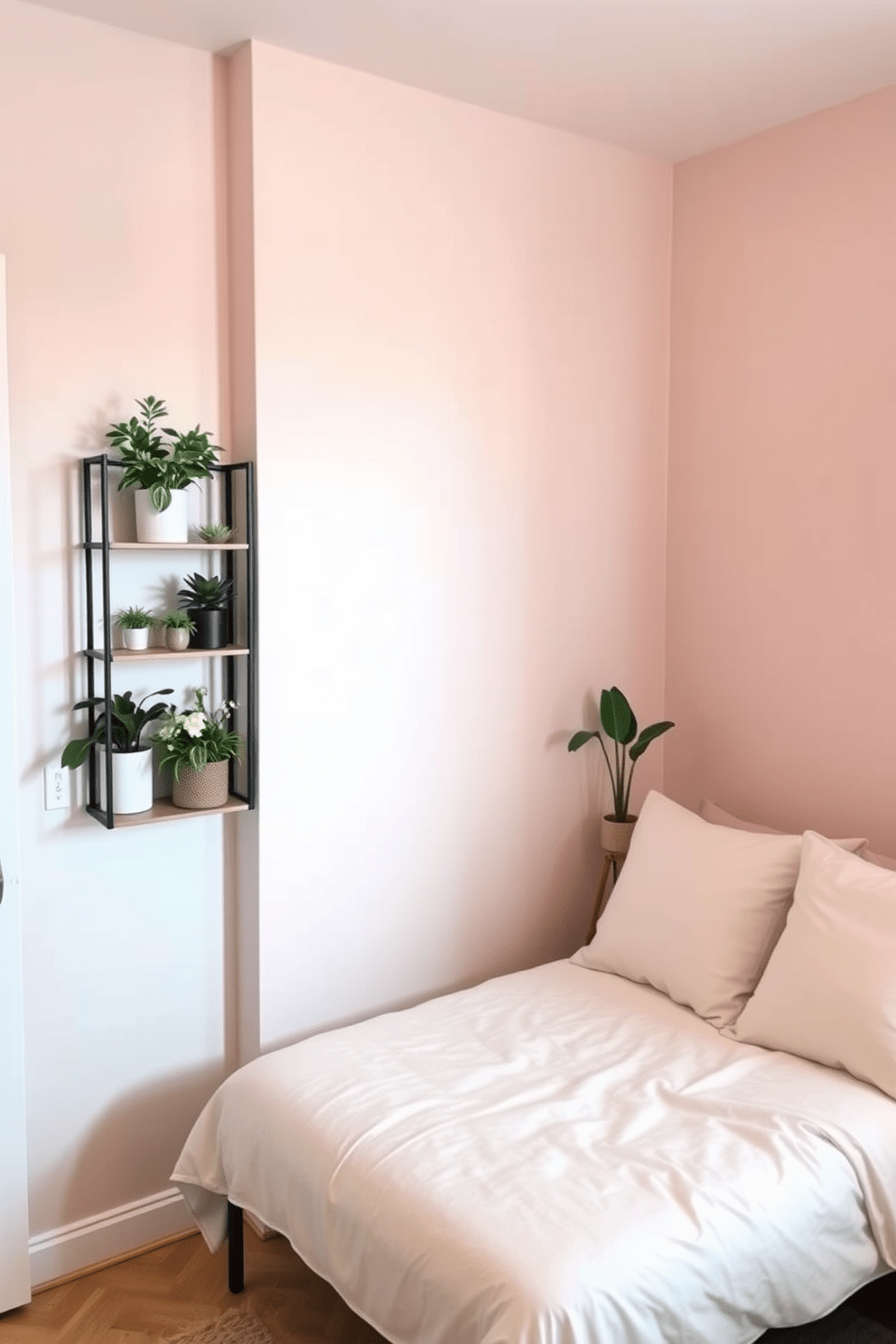 A cozy very small bedroom designed to maximize space and comfort. The walls are painted in soft pastel colors, creating a serene atmosphere. A corner shelf is elegantly placed to hold various indoor plants, adding a touch of greenery. The bed features a minimalist frame with soft bedding, and a small bedside table complements the overall design.