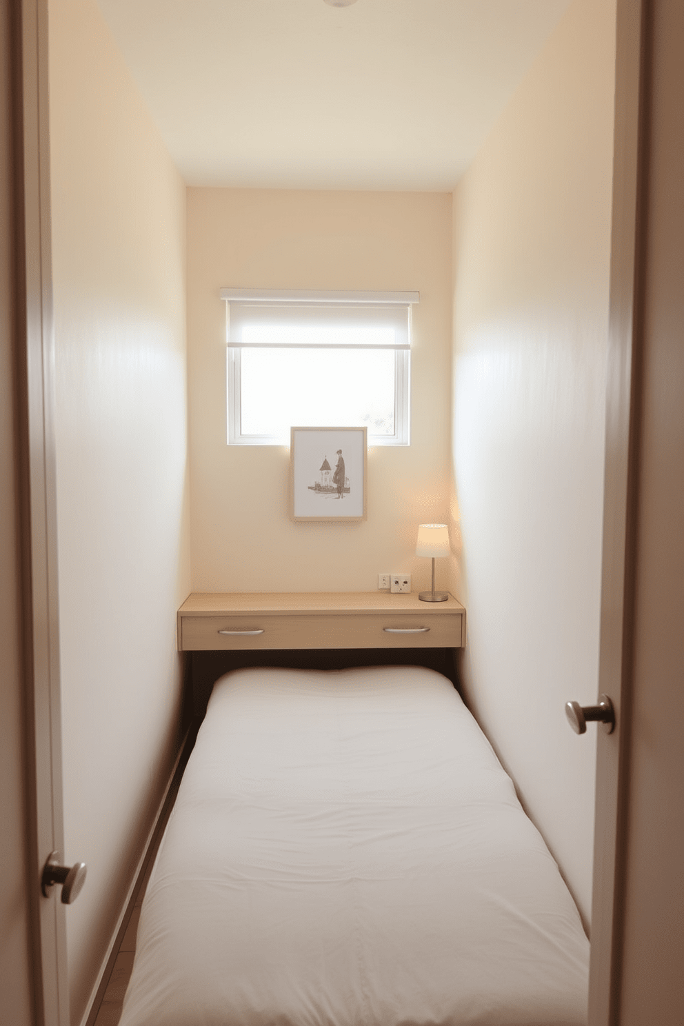 A very small bedroom featuring a compact bed with built-in storage underneath. The walls are painted in a soft pastel color, creating a serene atmosphere while a single piece of artwork hangs above the bed. A small bedside table holds a minimalist lamp and a few essential items. A simple window treatment allows natural light to filter in, enhancing the sense of space.