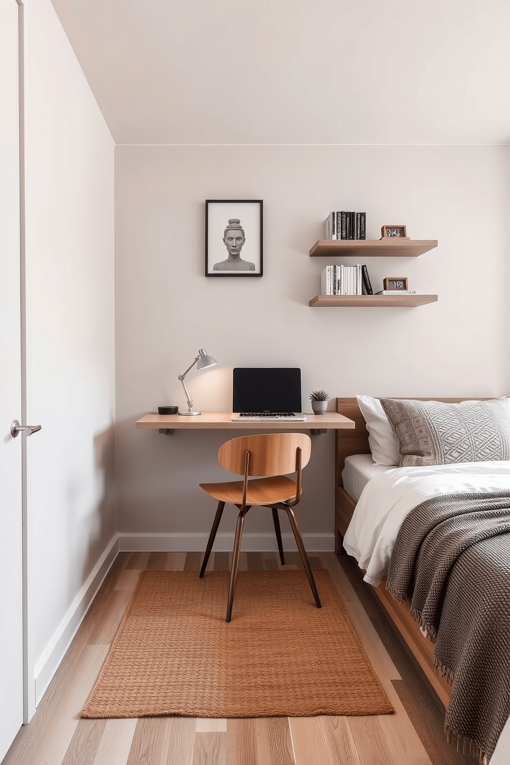 A very small bedroom design featuring a wall-mounted desk that maximizes space. The desk is sleek and minimalist, mounted above a cozy area rug, with a stylish chair tucked underneath. The walls are painted in soft neutral tones to create an airy feel. A single bed with under-bed storage is positioned against one side, complemented by floating shelves for decor and books.