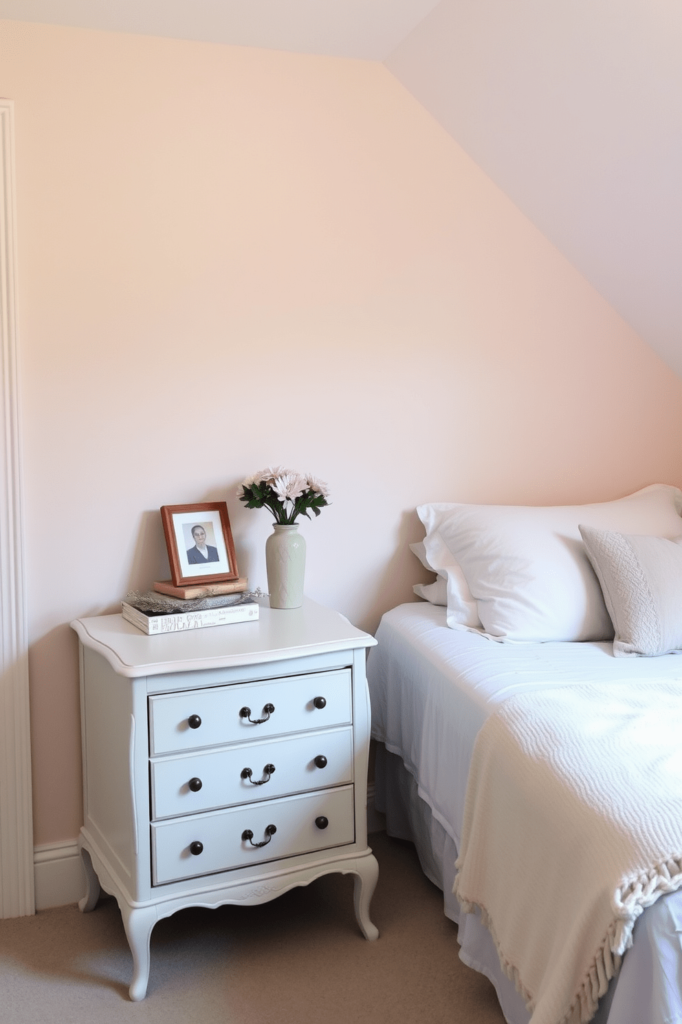 A cozy very small bedroom featuring a small dresser with elegant legs to allow airflow. The walls are painted in a soft pastel color, and a comfortable bed is positioned against one wall with fluffy pillows and a lightweight throw.