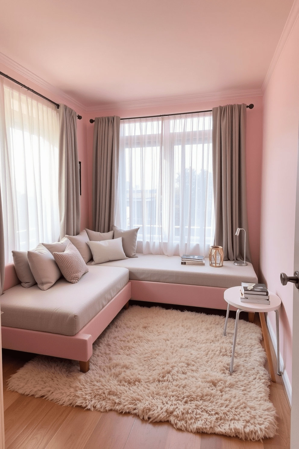 A cozy very small bedroom featuring a multifunctional daybed that serves as both a seating area and a sleeping space. The walls are painted in a soft pastel color, and the floor is covered with a plush area rug to add warmth and texture. A small bedside table is placed next to the daybed, adorned with a stylish lamp and a few decorative books. Natural light floods the room through sheer curtains, enhancing the inviting atmosphere and making the space feel larger.