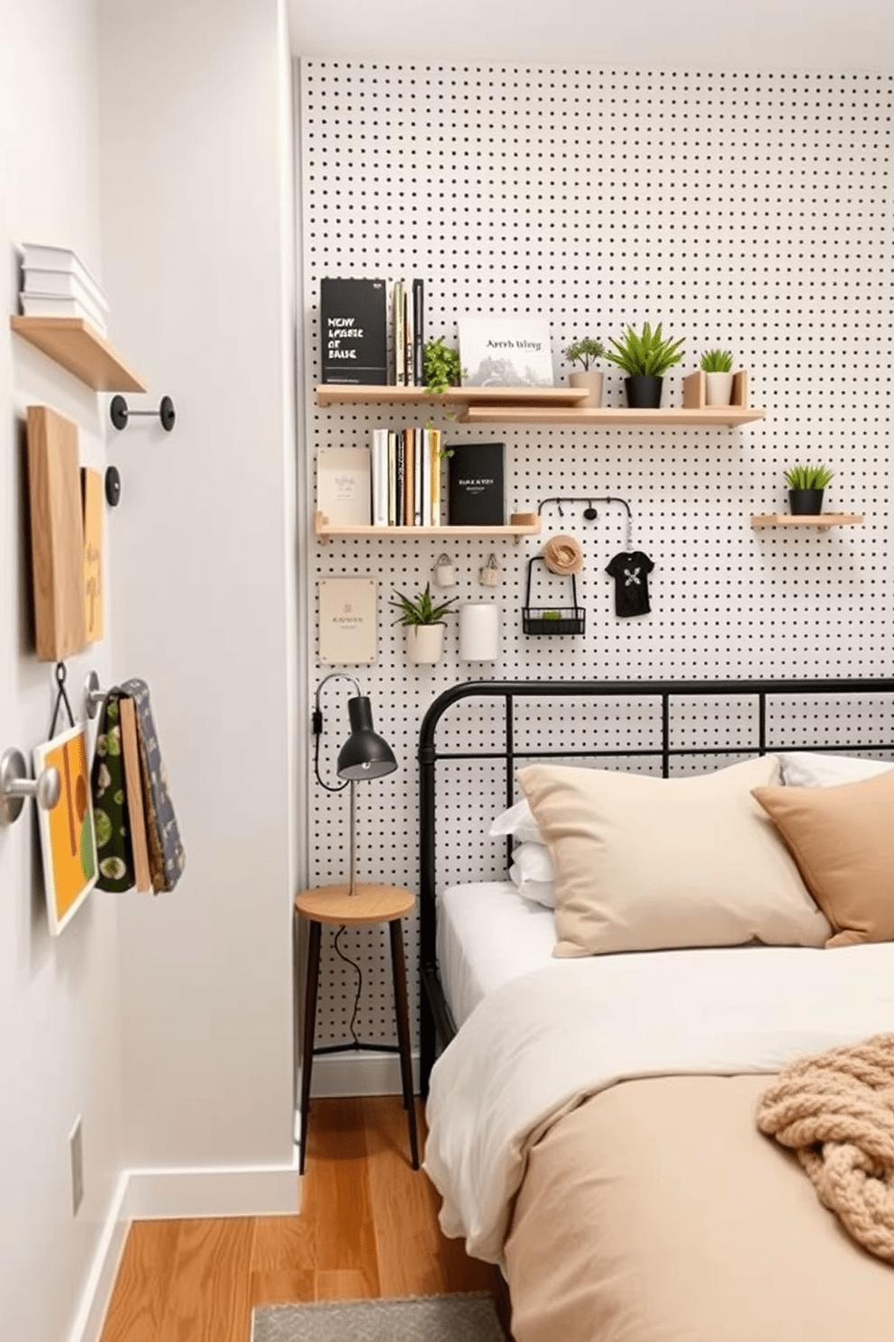 A very small bedroom design featuring a pegboard on one wall for creative organization. The pegboard is adorned with hooks and shelves to hold books, accessories, and plants, maximizing vertical space. The bed is positioned against the opposite wall, with a minimalist frame and soft bedding in neutral tones. A compact nightstand beside the bed holds a small lamp and a decorative item, enhancing the cozy atmosphere.