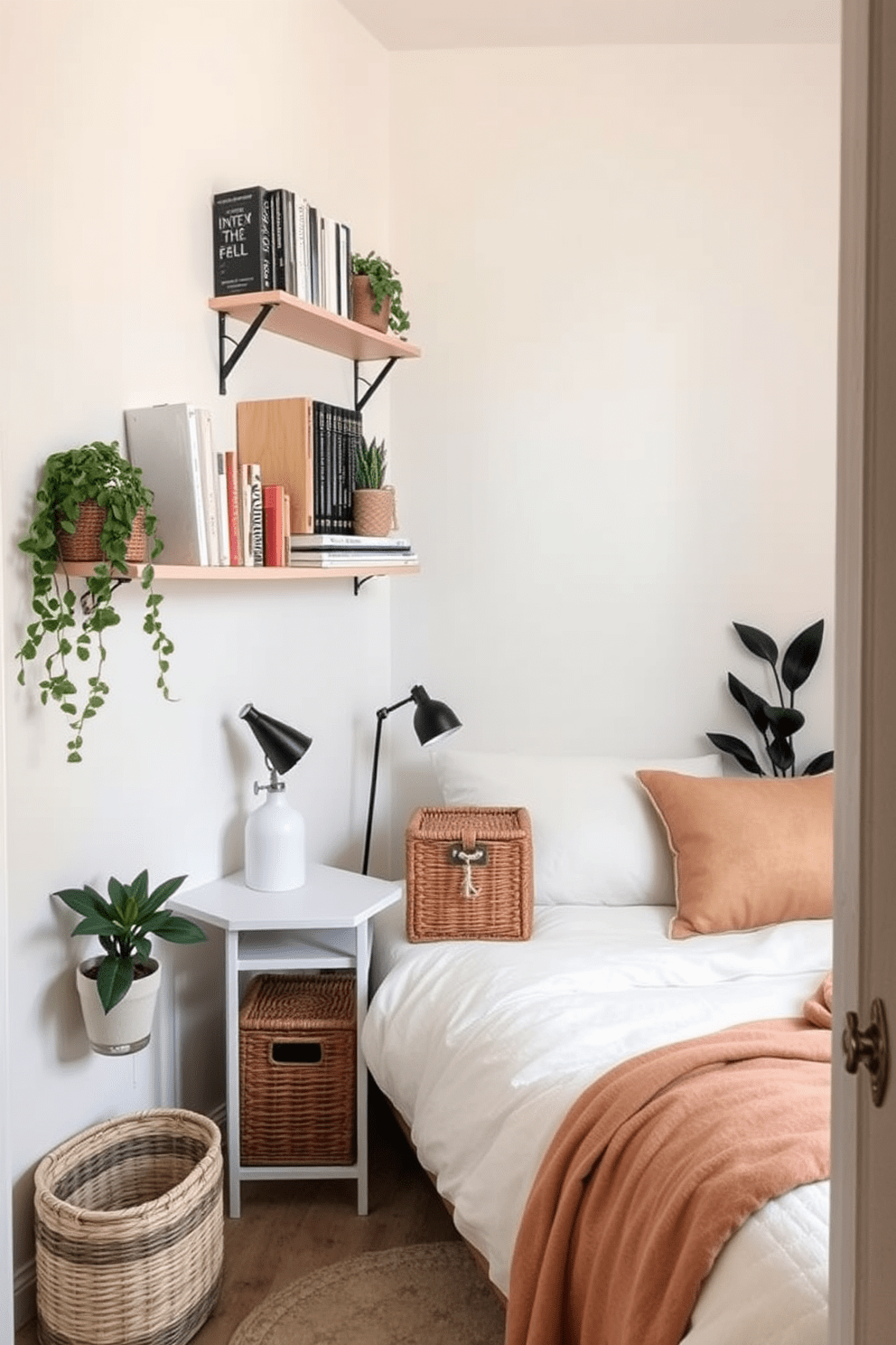 A very small bedroom design featuring decorative baskets for storage. The walls are painted in a soft pastel color, creating an airy atmosphere, while a cozy bed with a lightweight duvet occupies one corner. Incorporate a stylish nightstand beside the bed, topped with a small lamp and a decorative basket for easy access to essentials. Use wall-mounted shelves to display books and plants, maximizing vertical space while maintaining a clean, uncluttered look.