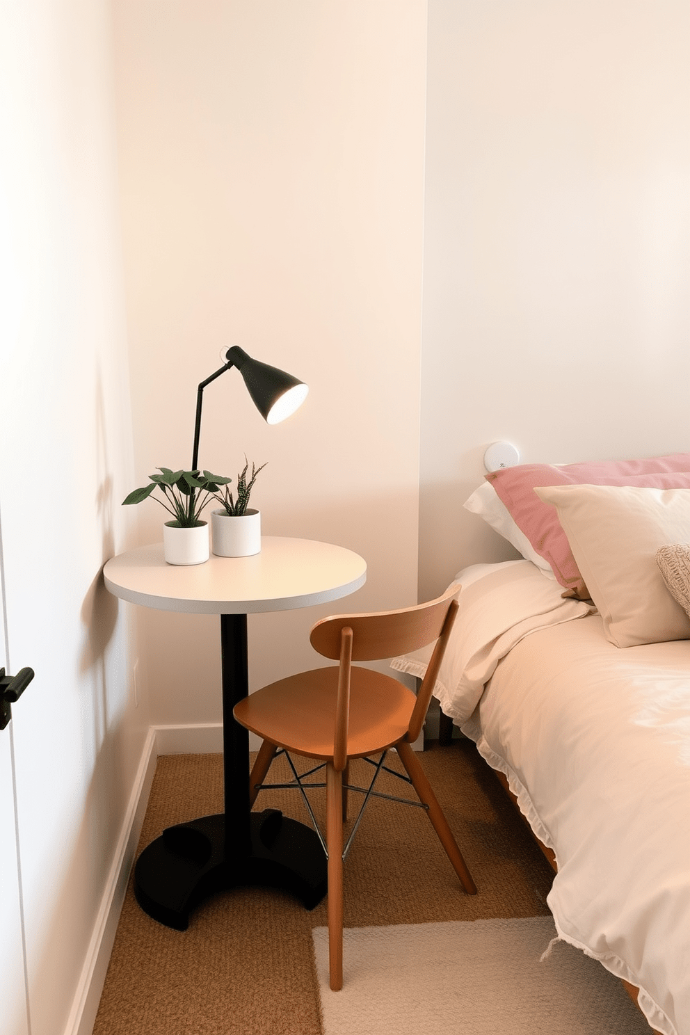 A cozy very small bedroom features a round table positioned against the wall, perfect for maximizing space. The table is adorned with a small potted plant and a stylish lamp, creating a warm and inviting atmosphere. Soft, neutral colors dominate the walls, while a plush bed with layered bedding occupies the center of the room. A minimalist chair is tucked under the table, adding functionality without overwhelming the limited space.