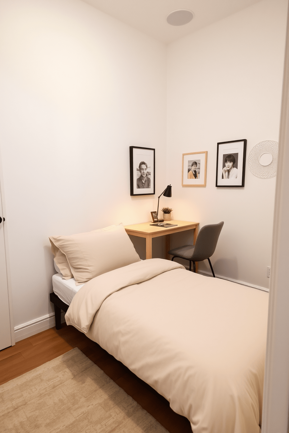 A cozy very small bedroom featuring a compact bed against the wall with soft bedding in neutral tones. A small writing desk is positioned in the corner for tasks, complemented by a stylish chair and a desk lamp for adequate lighting. The walls are painted in a light pastel color to enhance the sense of space. A few decorative elements like framed art and a small plant add personality without overwhelming the room.