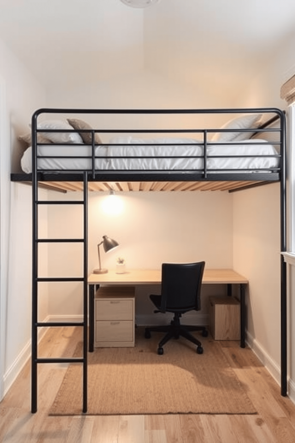 A cozy very small bedroom featuring a lofted bed that maximizes floor space. Underneath the bed, a compact desk and chair create a functional workspace, while soft lighting adds warmth to the room. The walls are painted in a light pastel color to enhance the sense of openness. A small rug in a neutral tone anchors the space, and minimalist decor keeps the design uncluttered.