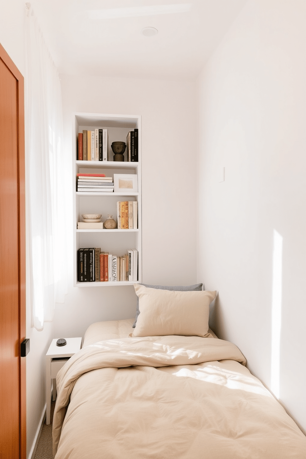 A compact bookshelf is positioned against the wall, showcasing a curated selection of books and decorative items. The shelves are painted in a soft white finish, complementing the minimalistic decor of the very small bedroom. The room features a cozy bed with a neutral-toned duvet, flanked by small bedside tables. Natural light filters through sheer curtains, creating a bright and inviting atmosphere that maximizes the limited space.