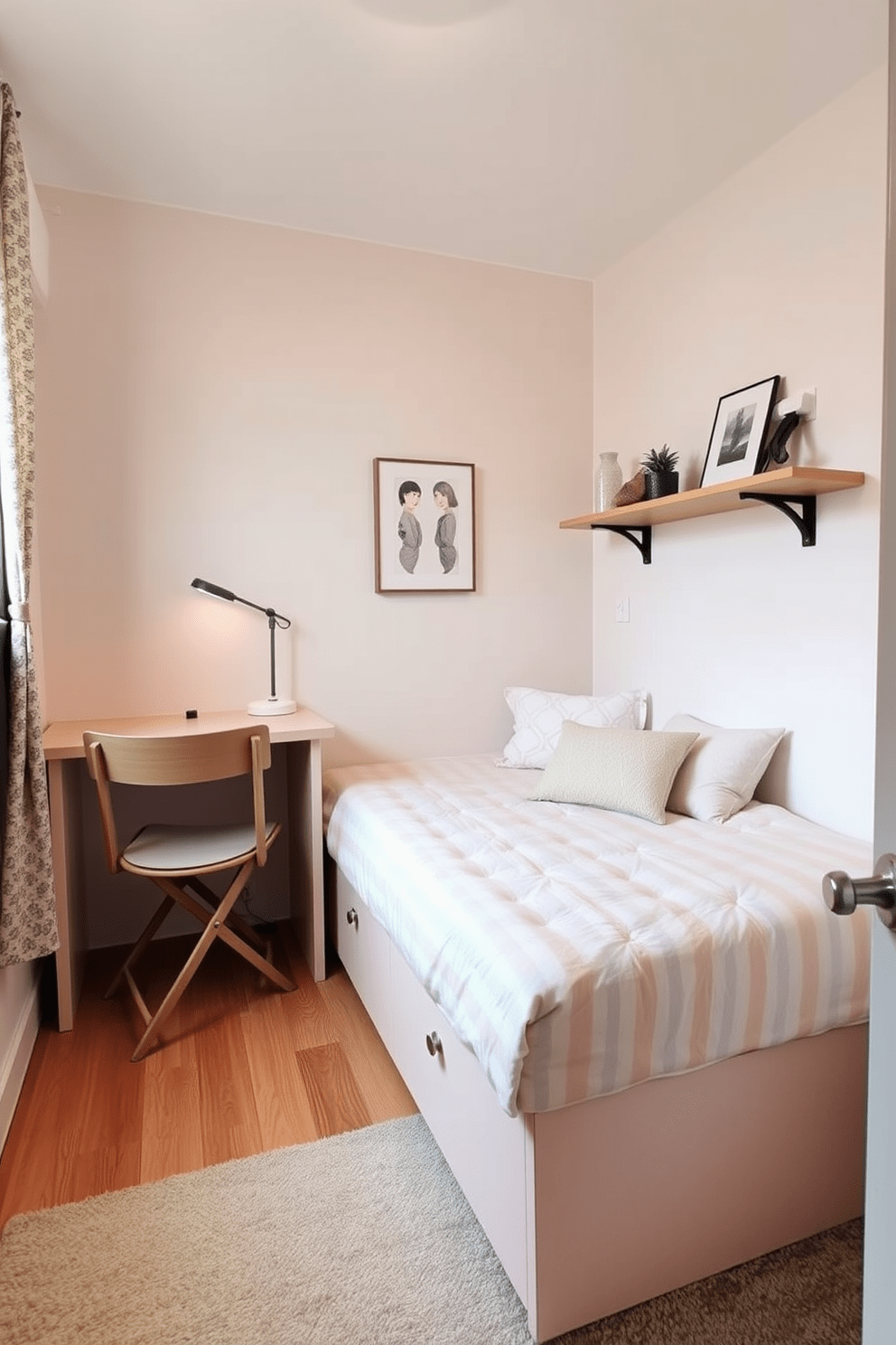 A cozy very small bedroom featuring multifunctional furniture that maximizes space. A bed with built-in storage underneath is positioned against one wall, complemented by a compact desk that doubles as a nightstand. The color palette consists of soft pastels to create an airy feel. A foldable chair is tucked neatly under the desk, and a wall-mounted shelf displays decorative items while saving floor space.