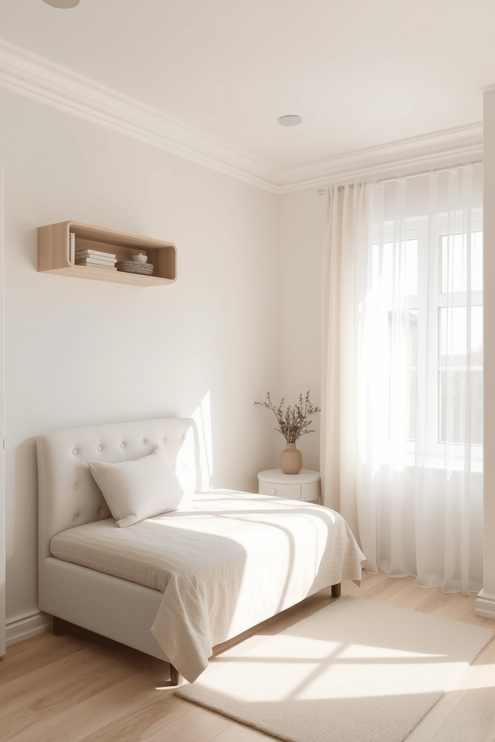 A very small bedroom design featuring light colors to create an airy and bright atmosphere. The walls are painted in soft white with pastel accents, complemented by airy sheer curtains that allow natural light to flood the space. A compact bed with a light-colored upholstered headboard is positioned against one wall, maximizing floor space. A small bedside table with a minimalist lamp sits next to the bed, while a wall-mounted shelf displays decorative items without taking up precious surface area.