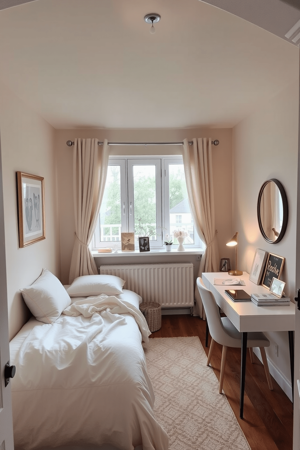 A very small bedroom featuring a cozy bed pushed against one wall with soft bedding in light colors. A small bedside table with a lamp is placed next to the bed, and the walls are painted in a soft pastel hue to create an airy feel. Hang curtains high above the windows to enhance the ceiling height and create the illusion of more space. A compact desk is positioned in one corner, with a stylish chair and decorative items to add personality without overwhelming the room.