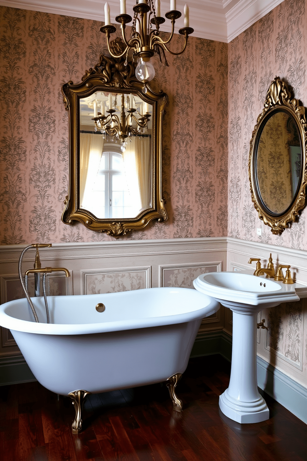 A luxurious Victorian bathroom featuring a clawfoot bathtub with elegant vintage fixtures. The bathtub is positioned against a backdrop of intricate wallpaper adorned with floral patterns, complemented by a polished wooden floor. Antique brass faucets and a handheld shower attachment add to the vintage charm of the space. A large, ornate mirror hangs above a pedestal sink, reflecting the soft glow of a chandelier overhead.