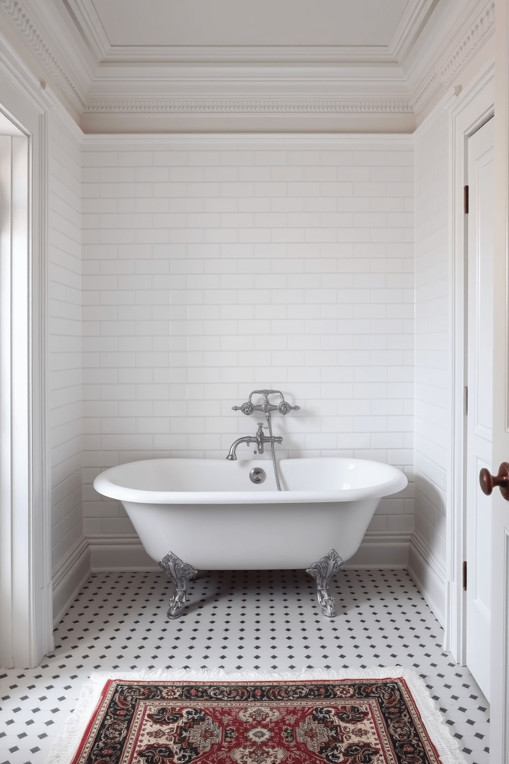 A Victorian bathroom featuring classic subway tiles in a pristine white hue. The walls are adorned with intricate moldings and a vintage clawfoot bathtub sits at the center, surrounded by elegant fixtures and a patterned area rug.