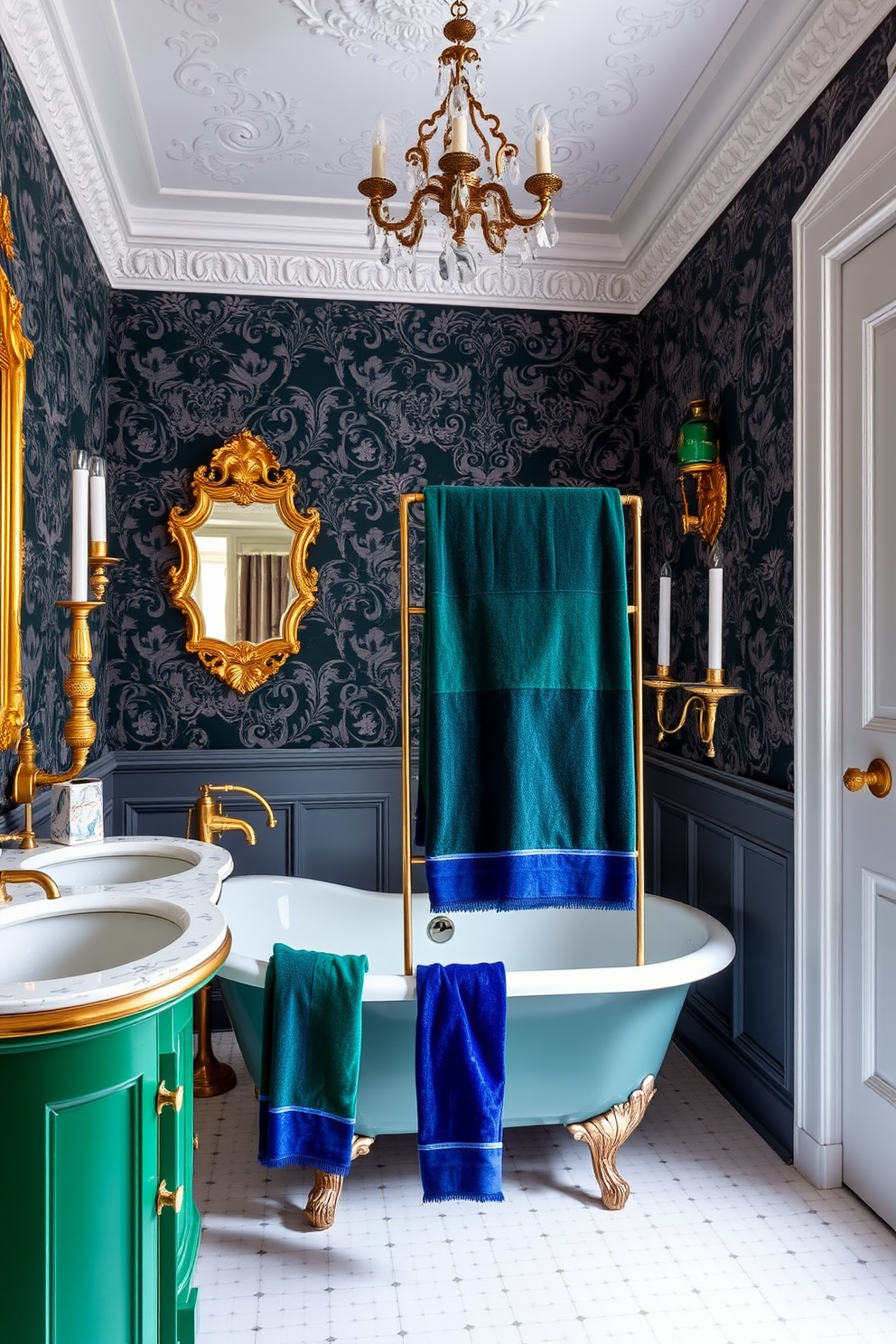 A luxurious Victorian bathroom featuring rich jewel-toned accents in towels and decor. The space is adorned with ornate fixtures, a freestanding clawfoot tub, and intricate wallpaper that adds depth and character. Plush towels in deep emerald and royal blue are artfully arranged on a vintage towel rack. Decorative elements include a gold-framed mirror and elegant candle holders that enhance the opulent atmosphere.