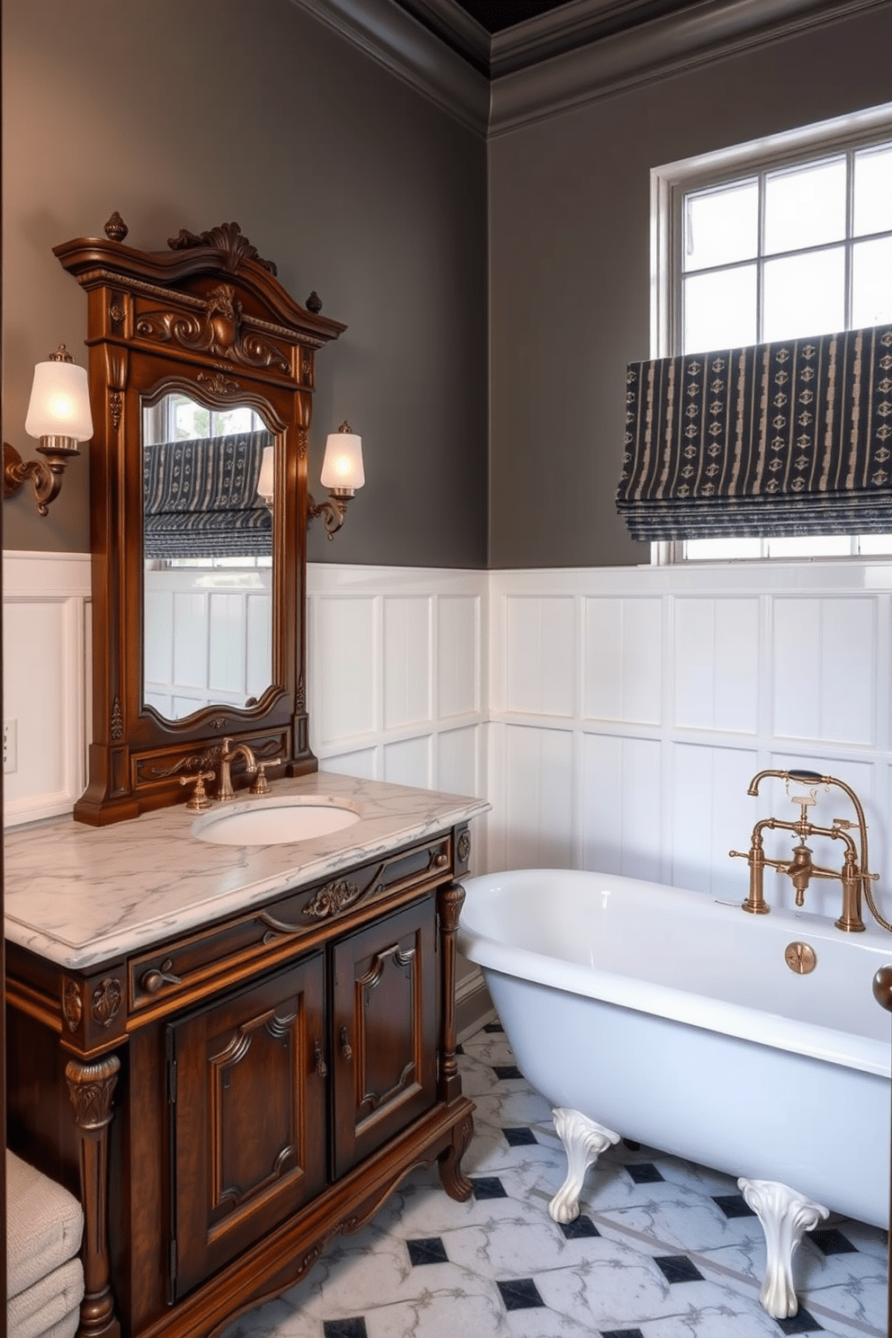 A Victorian bathroom featuring a wooden vanity with intricate carvings and a polished marble countertop. The space is adorned with vintage brass fixtures and a large freestanding bathtub with claw feet, creating an elegant and timeless atmosphere.