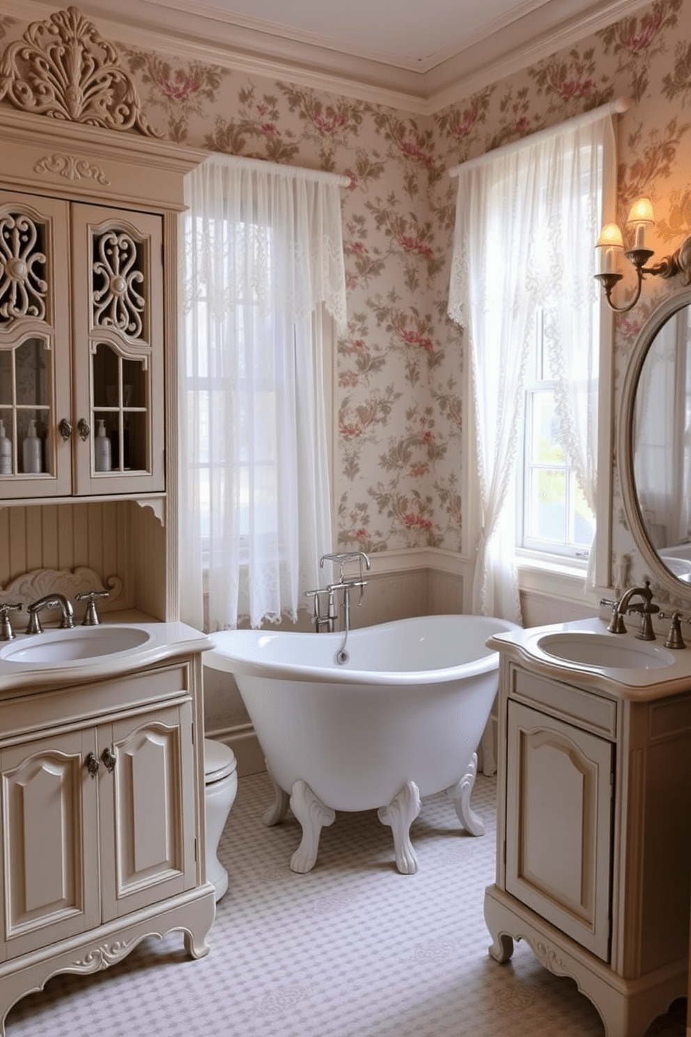 Antique wooden cabinets with intricate carvings provide charming storage solutions for toiletries in a Victorian bathroom. The cabinets are painted in soft pastel colors, complementing elegant porcelain fixtures and vintage-style faucets. A freestanding clawfoot bathtub sits in the center, surrounded by delicate lace curtains that filter soft natural light. Ornate wall sconces illuminate the space, casting a warm glow on the patterned wallpaper featuring floral motifs.