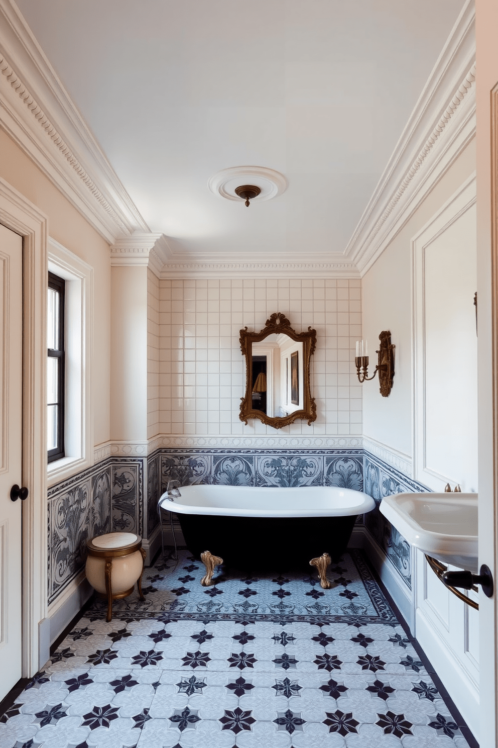 Crown molding elegantly frames the ceiling, adding a touch of sophistication to the space. The Victorian bathroom features intricate tile work, a clawfoot bathtub, and ornate fixtures that enhance its classic charm.