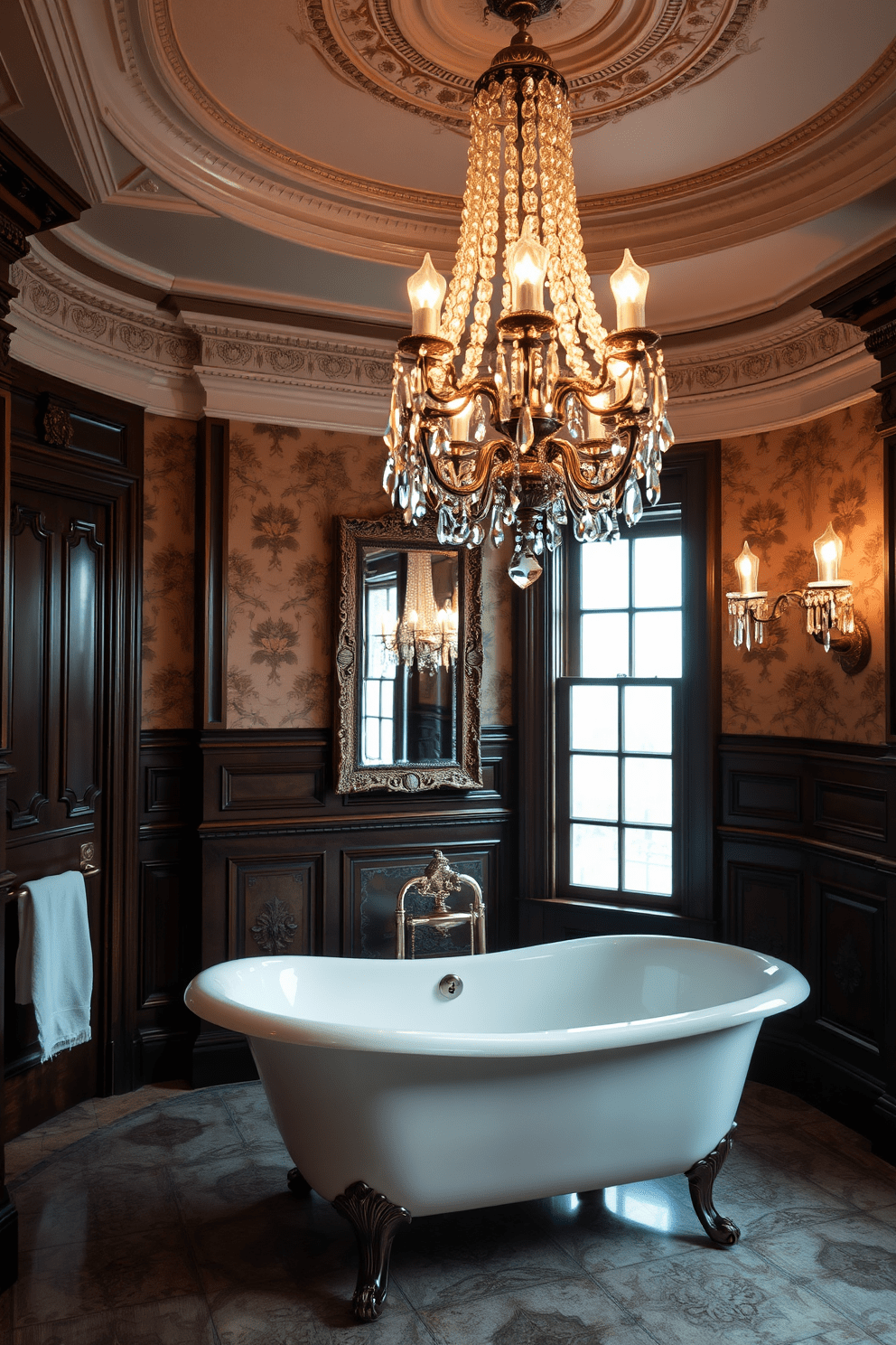 A grand Victorian bathroom featuring elegant lighting fixtures adorned with shimmering crystals. The room is characterized by intricate moldings and rich, dark wood accents throughout the space. The freestanding bathtub is surrounded by vintage-inspired wallpaper with floral patterns. Ornate sconces with crystal details illuminate the room, enhancing the luxurious ambiance.